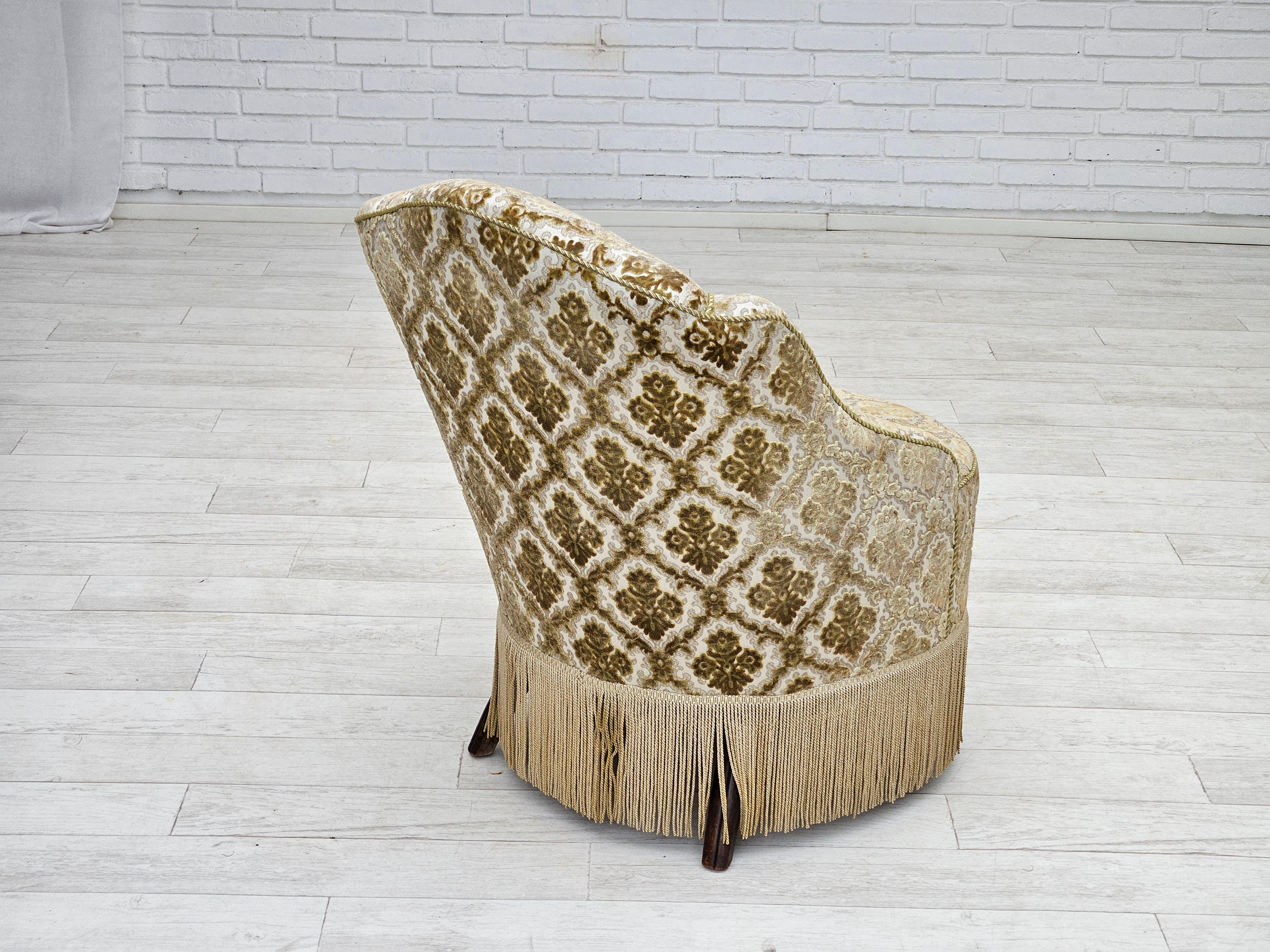 Mid-20th Century 1950s, Danish easy chair, furniture velour, ash wood legs. For Sale