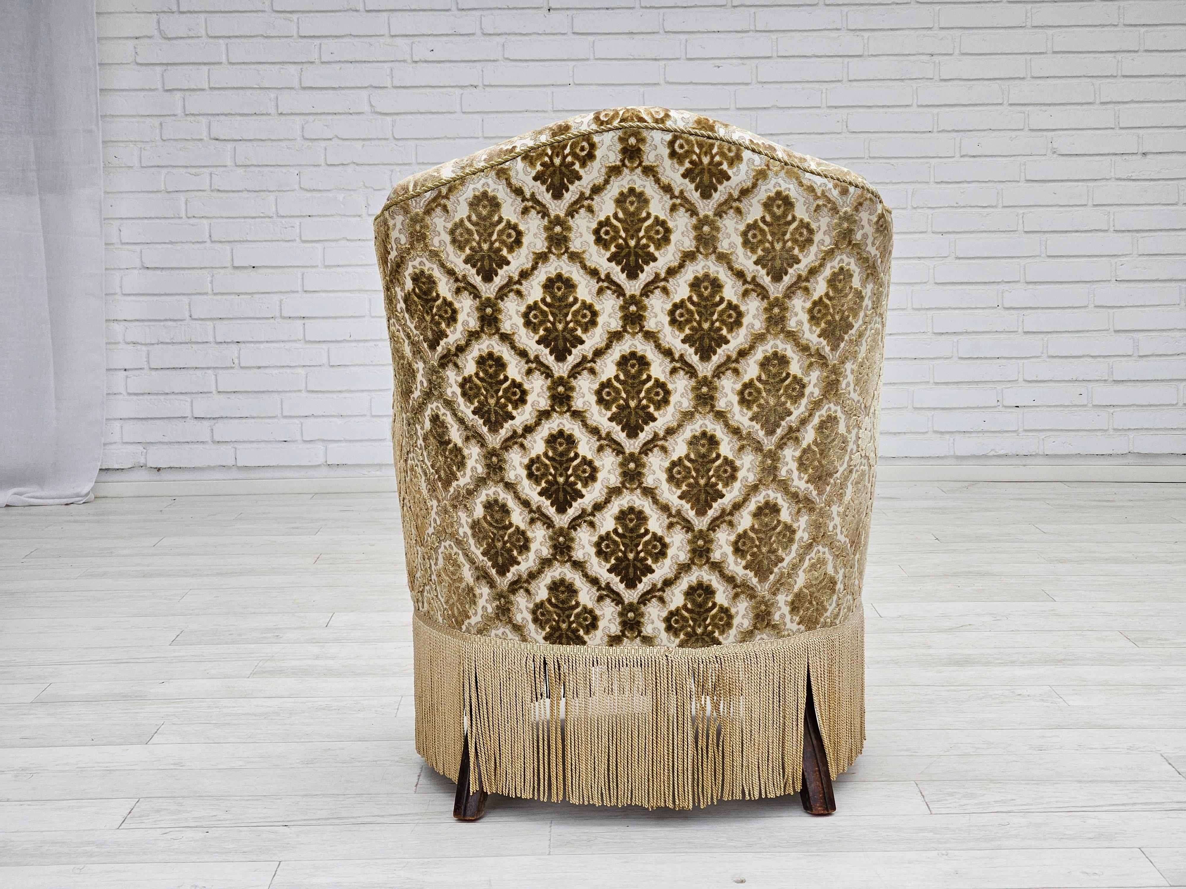Velvet 1950s, Danish easy chair, furniture velour, ash wood legs. For Sale