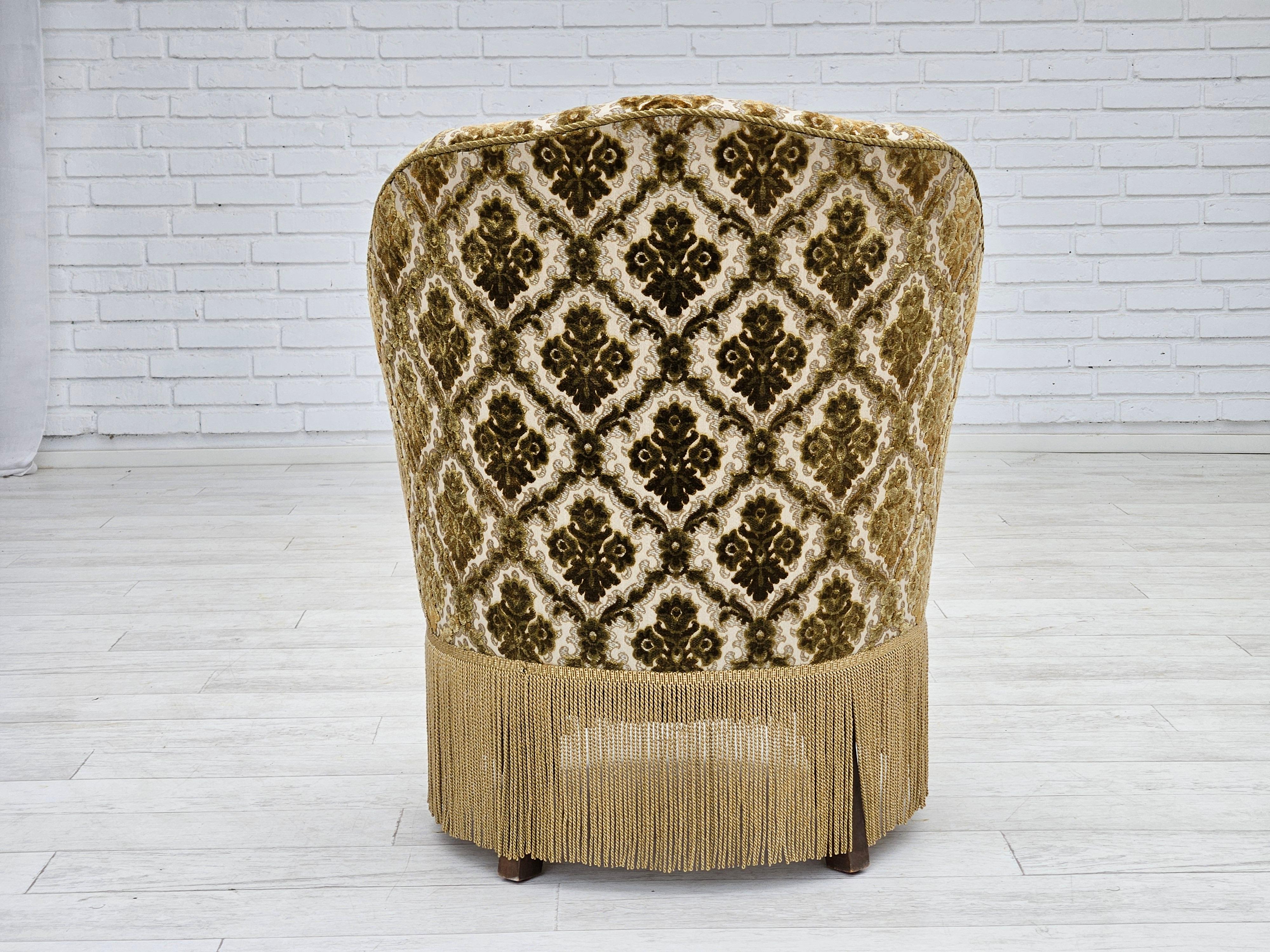 Velvet 1950s, Danish easy chair, furniture velour, ash wood legs. For Sale