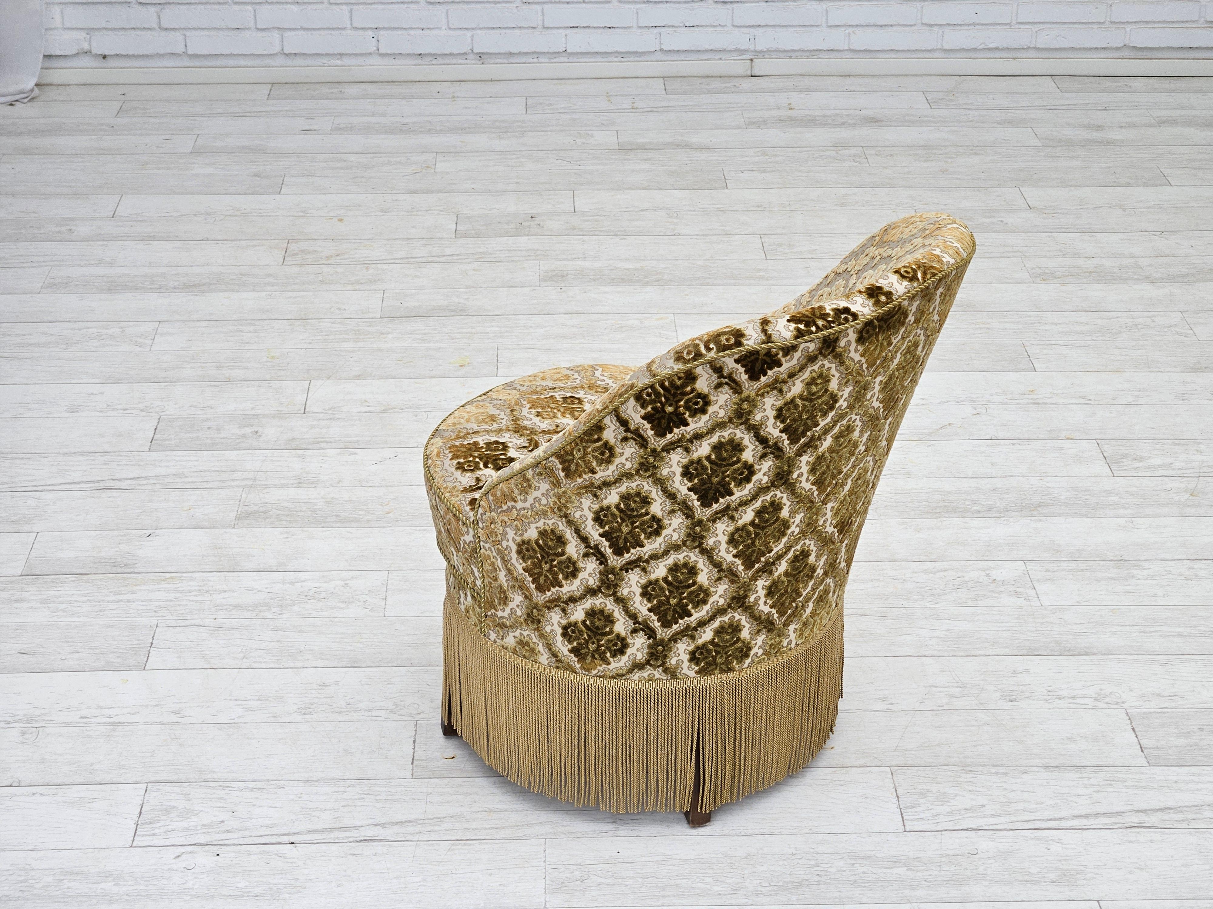 1950s, Danish easy chair, furniture velour, ash wood legs. For Sale 1