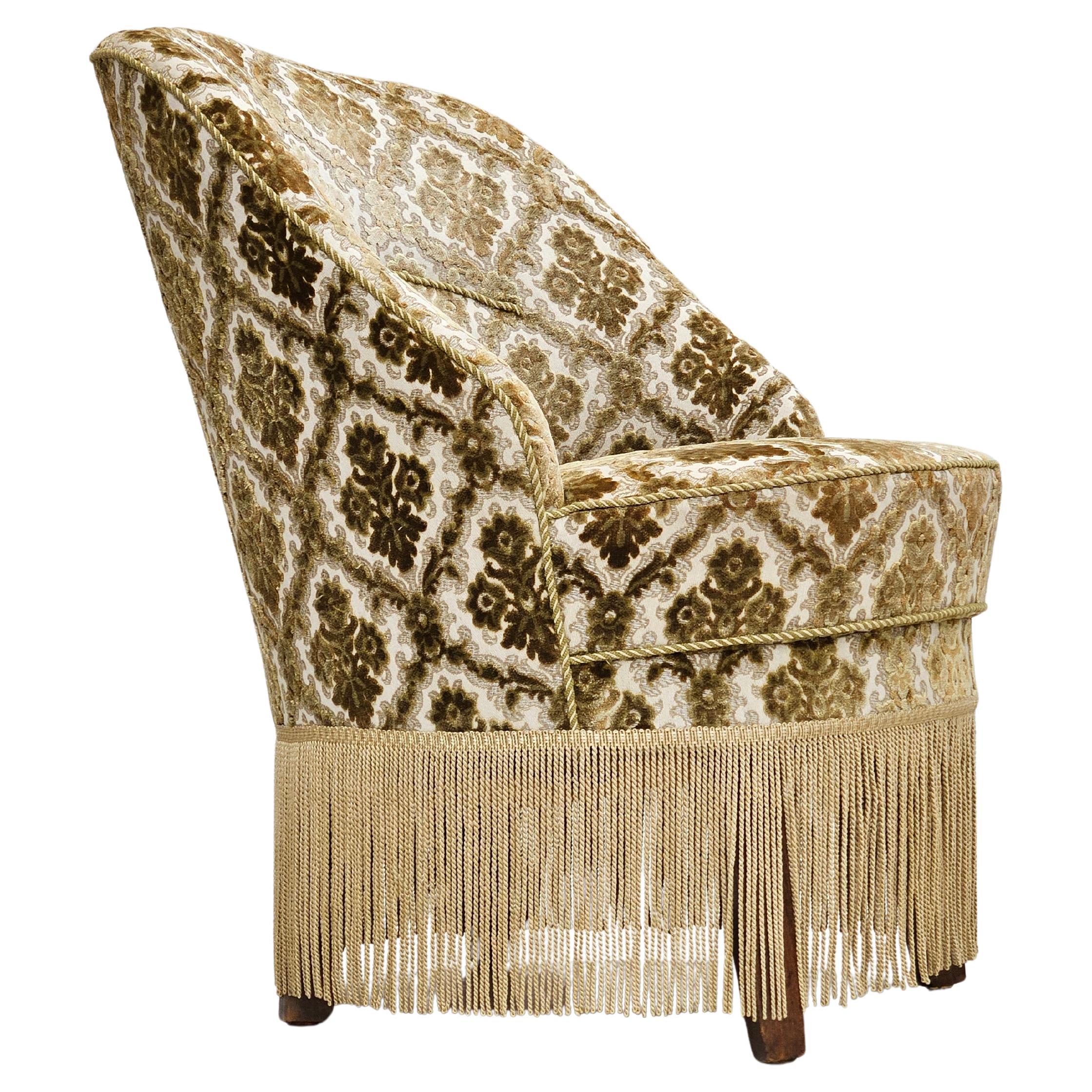 1950s, Danish easy chair, furniture velour, ash wood legs. For Sale