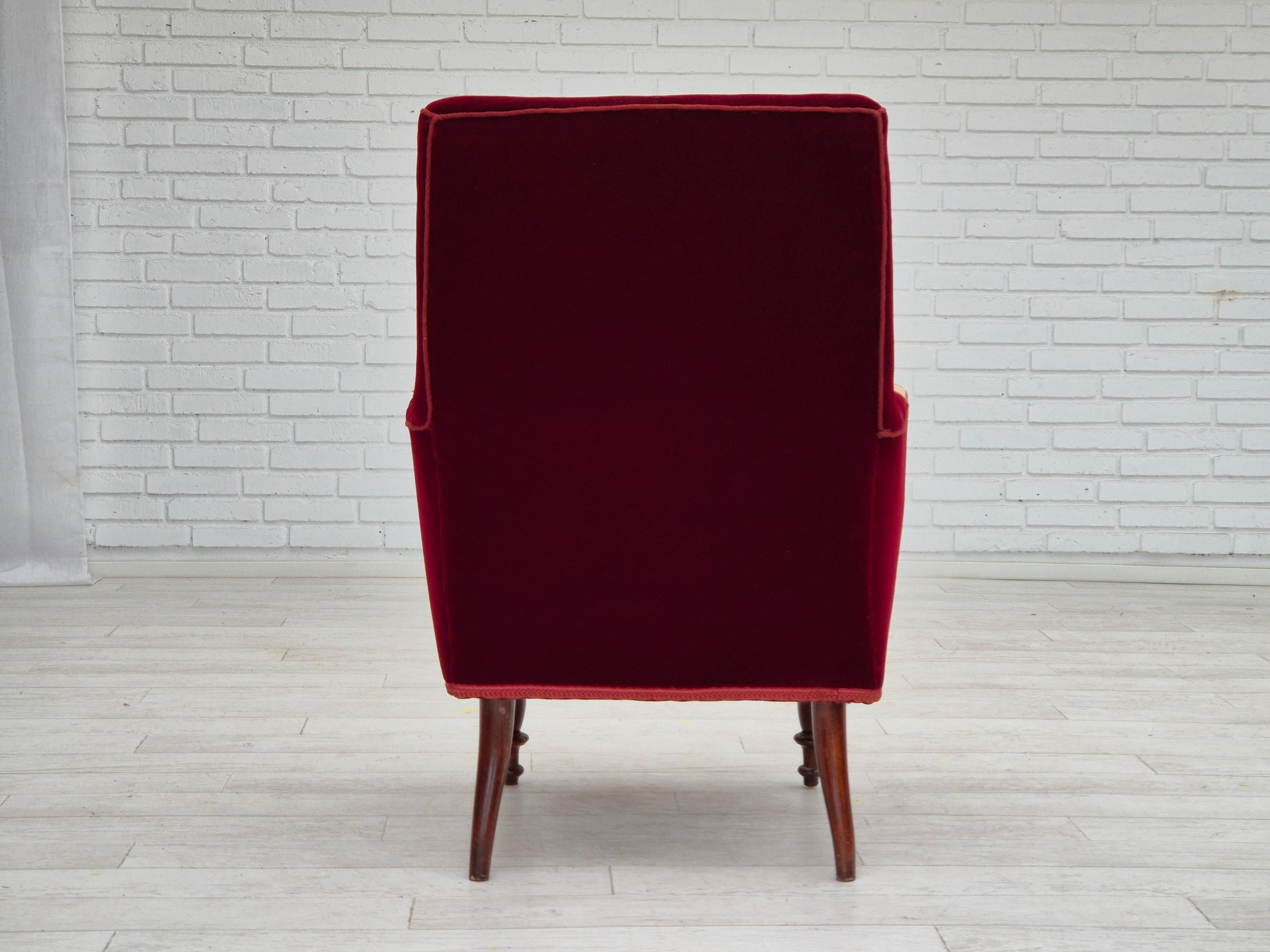 1950s, Danish handcrafted highback armchair, original condition, velour. 4