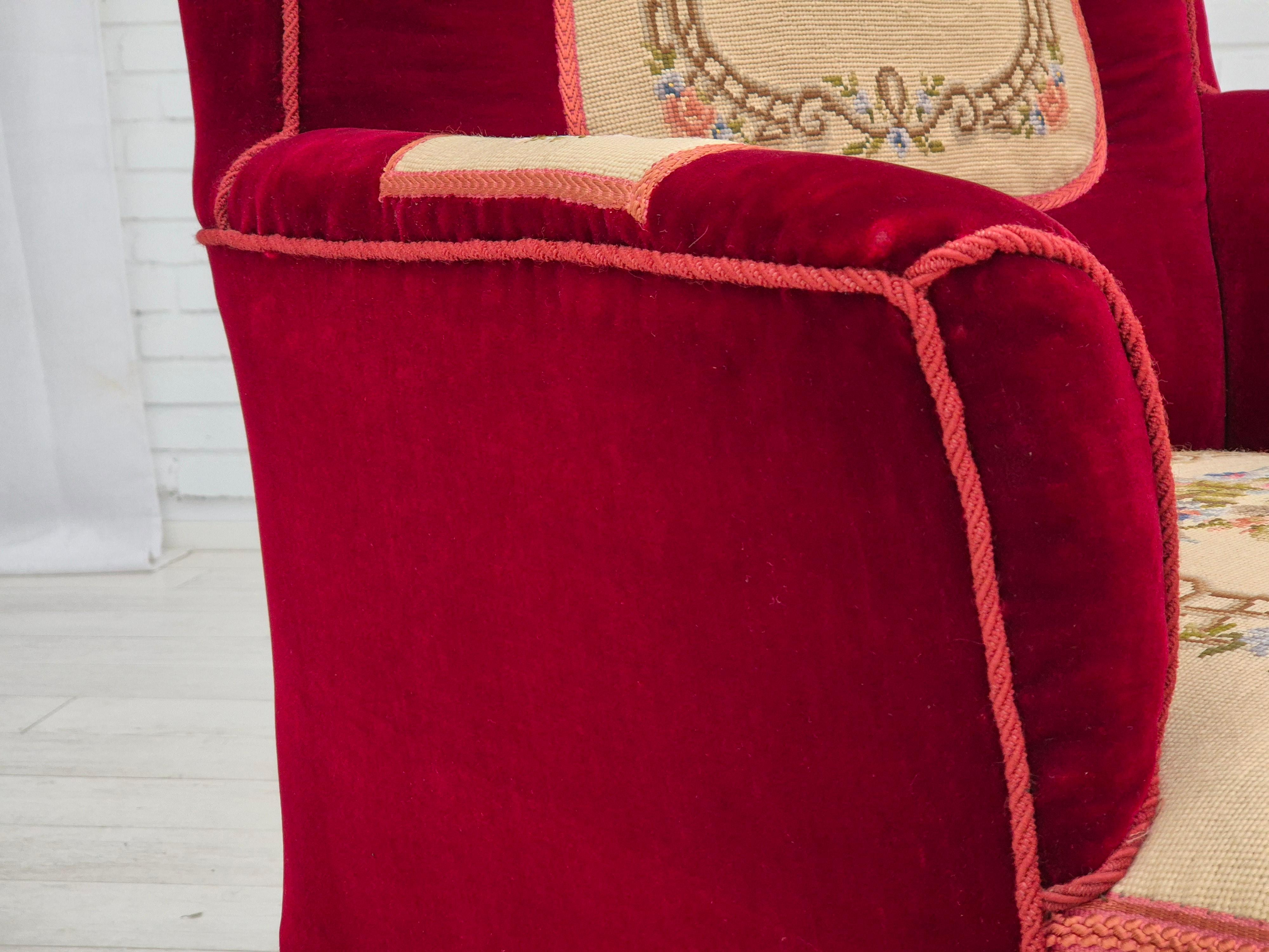 1950s, Danish handcrafted highback armchair, original condition, velour. 5