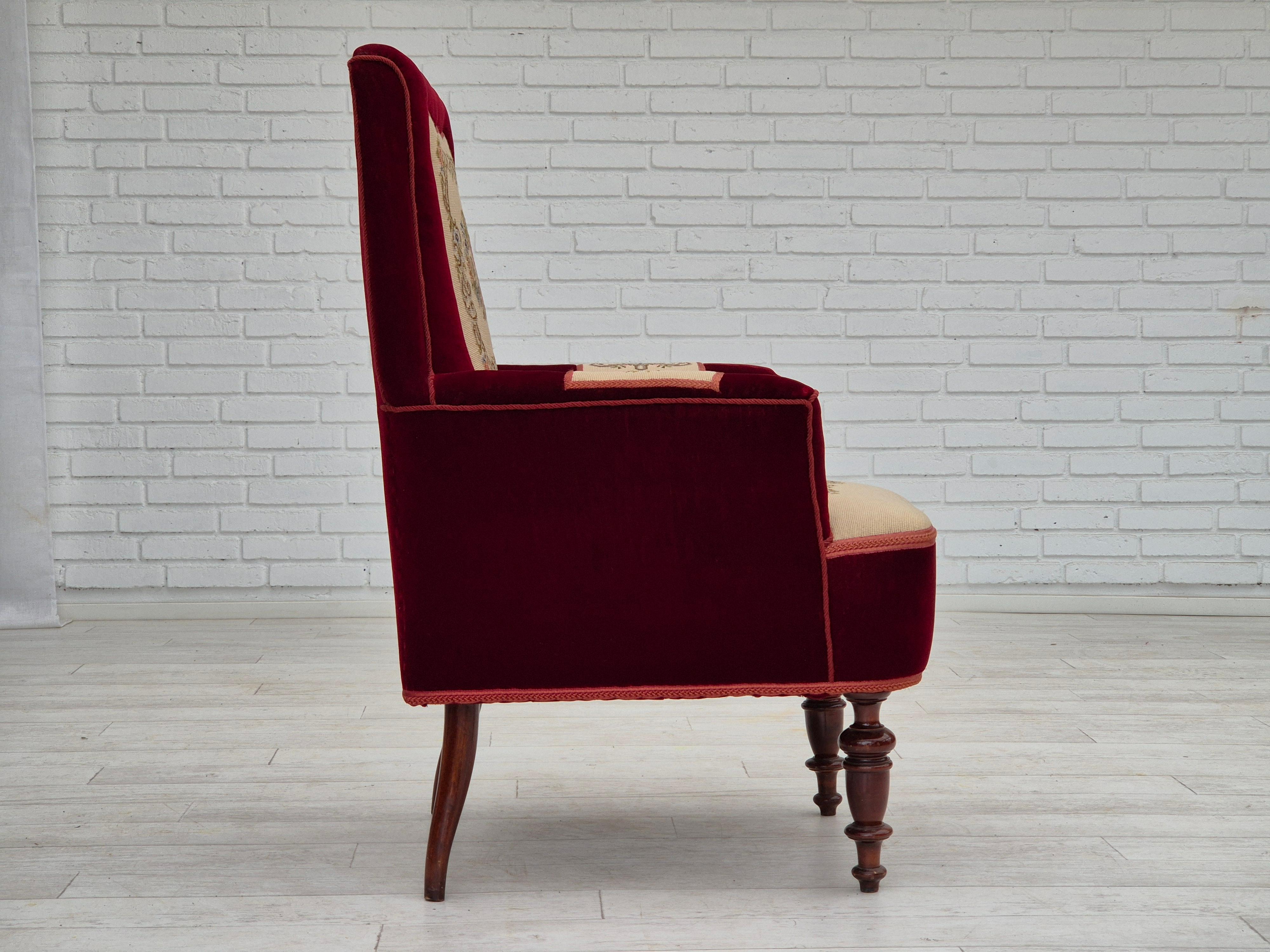 1950s, Danish handcrafted highback armchair, original condition, velour. 6