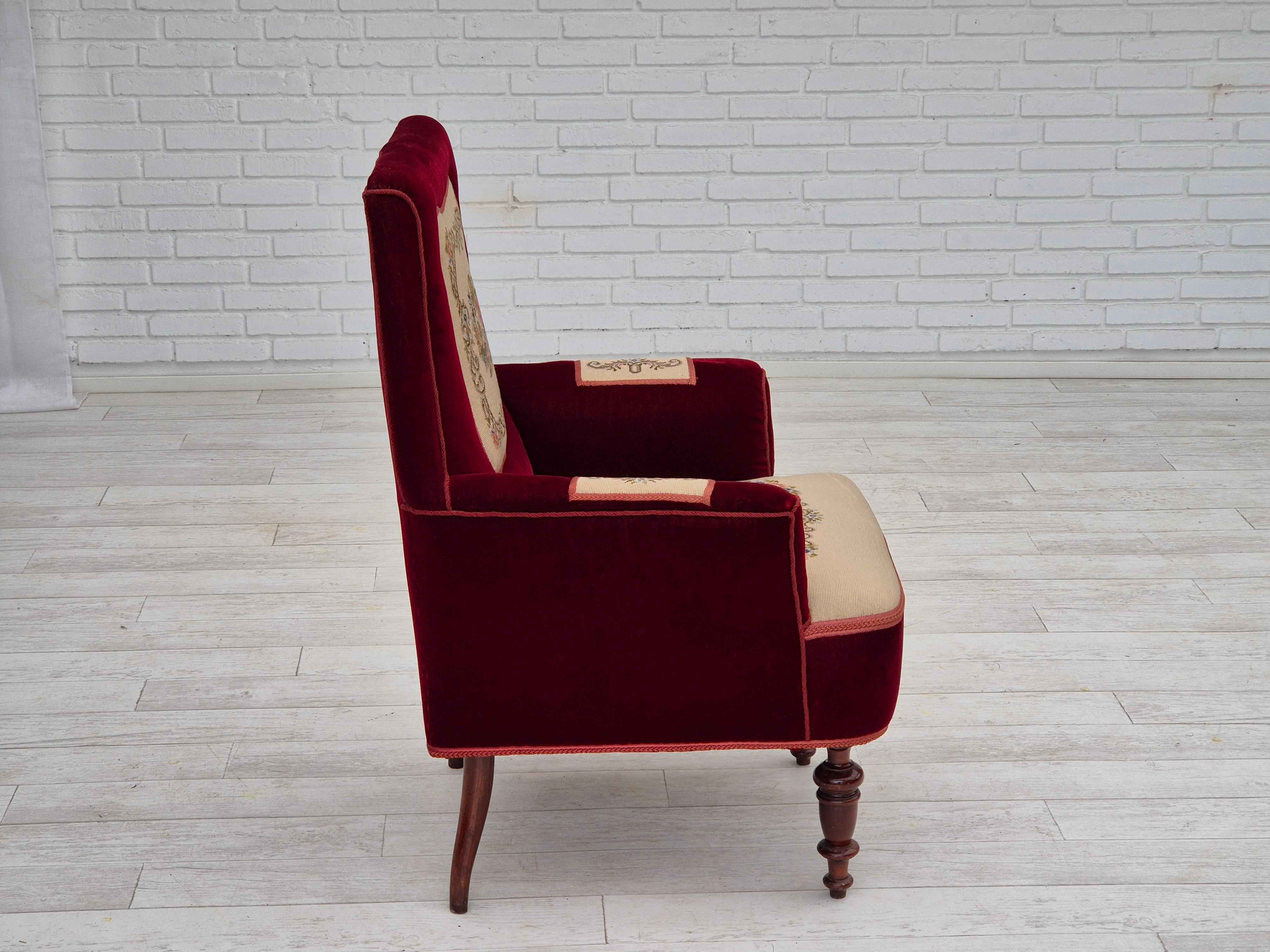 1950s, Danish handcrafted highback armchair, original condition, velour. 7