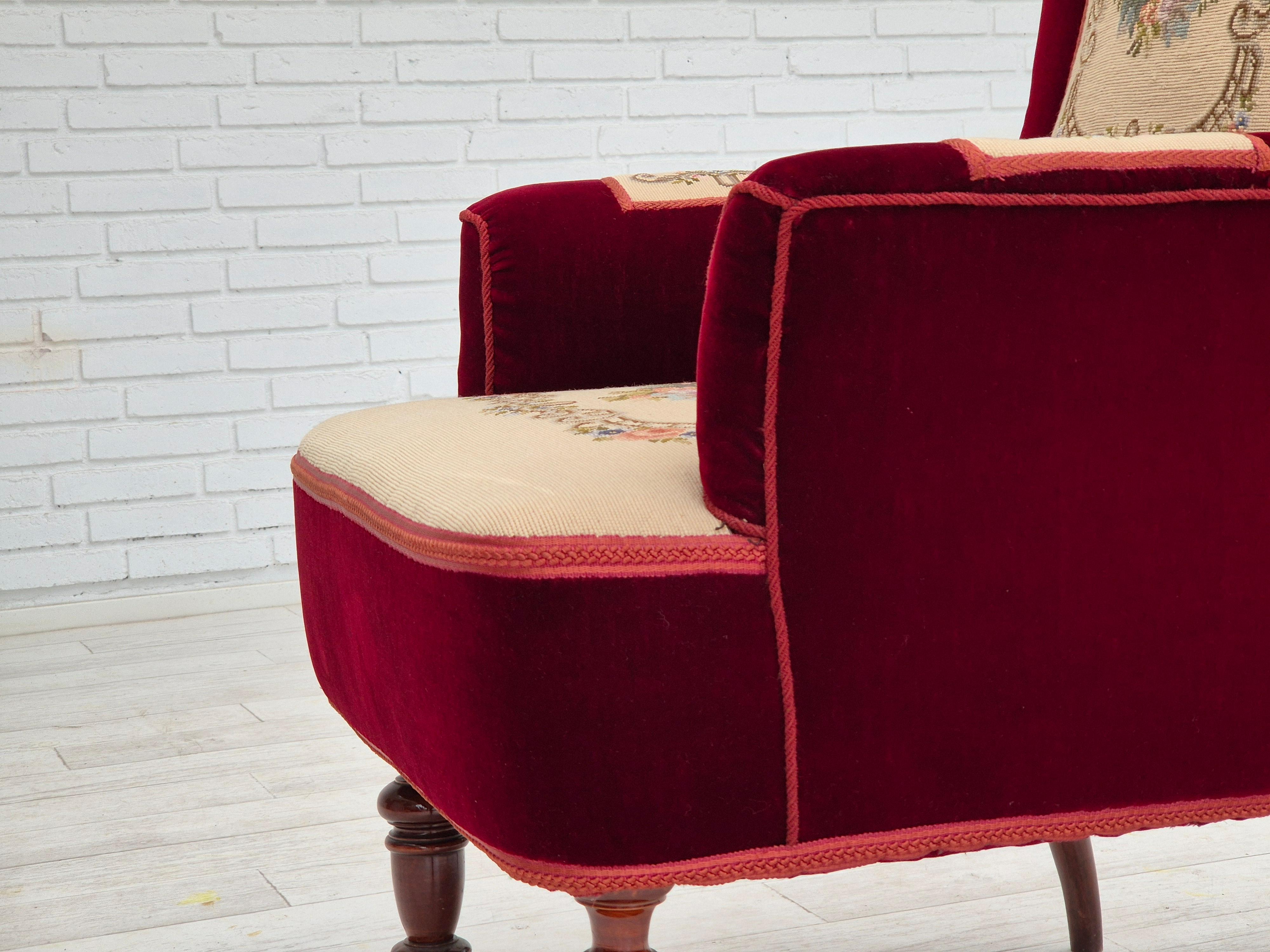 1950s, Danish handcrafted highback armchair, original condition, velour. 12