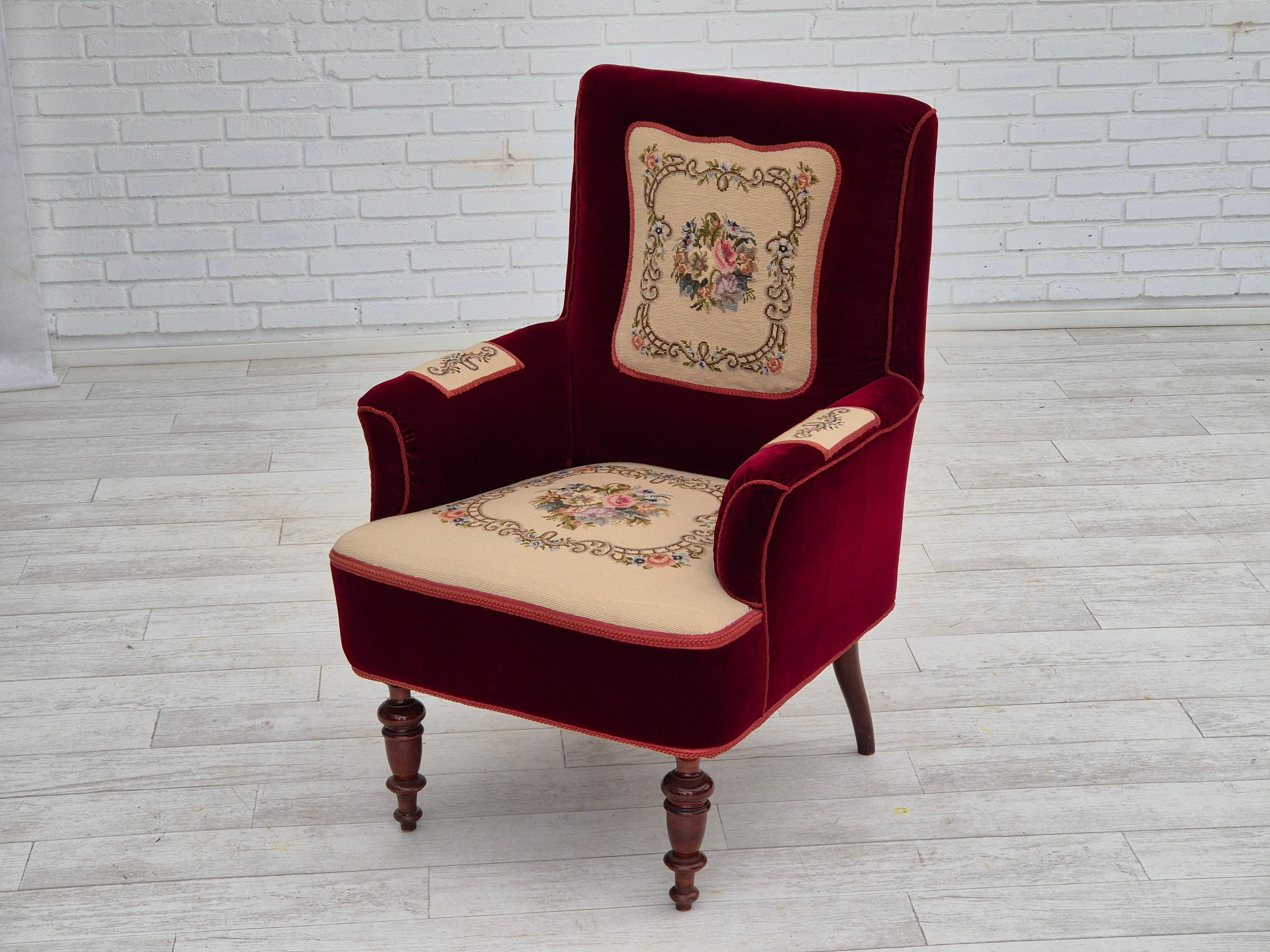1950s, Danish handcrafted highback armchair, original condition, velour. 13