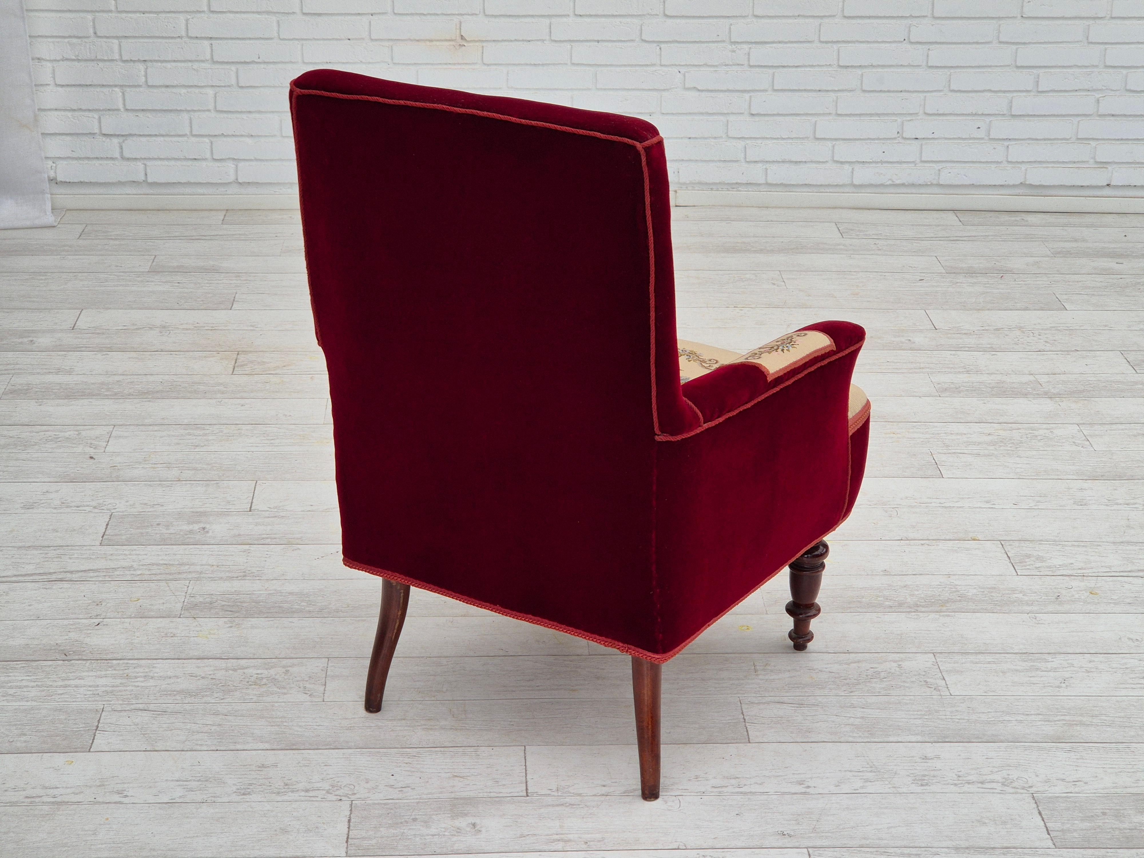 1950s, Danish handcrafted highback armchair, original condition, velour. 3