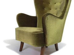 Chaise longue danoise à dossier haut des années 1950 en mohair vert d'origine