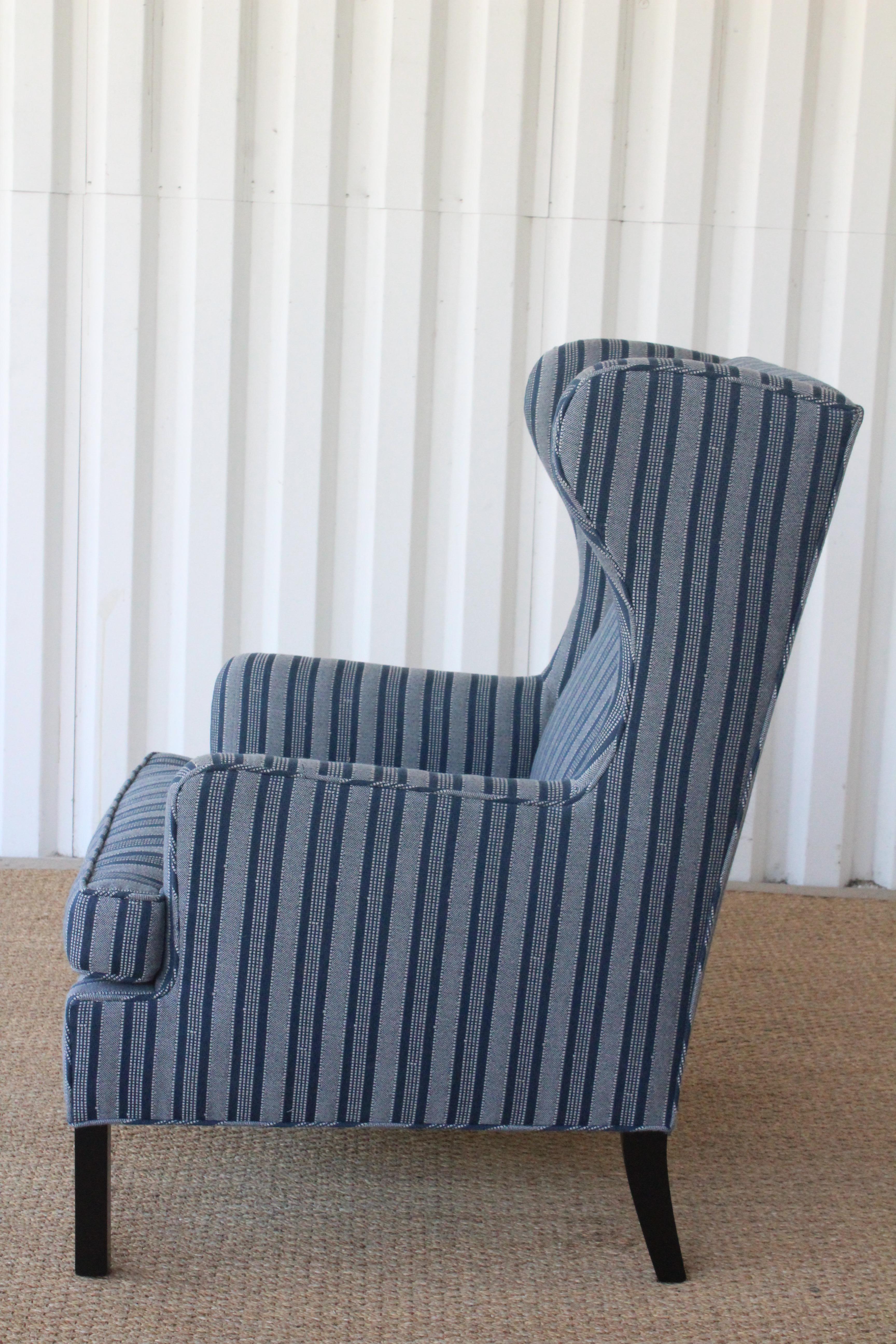 1950s Danish High Back Wing Chair Upholstered in Peter Dunham Textiles Fabric 5