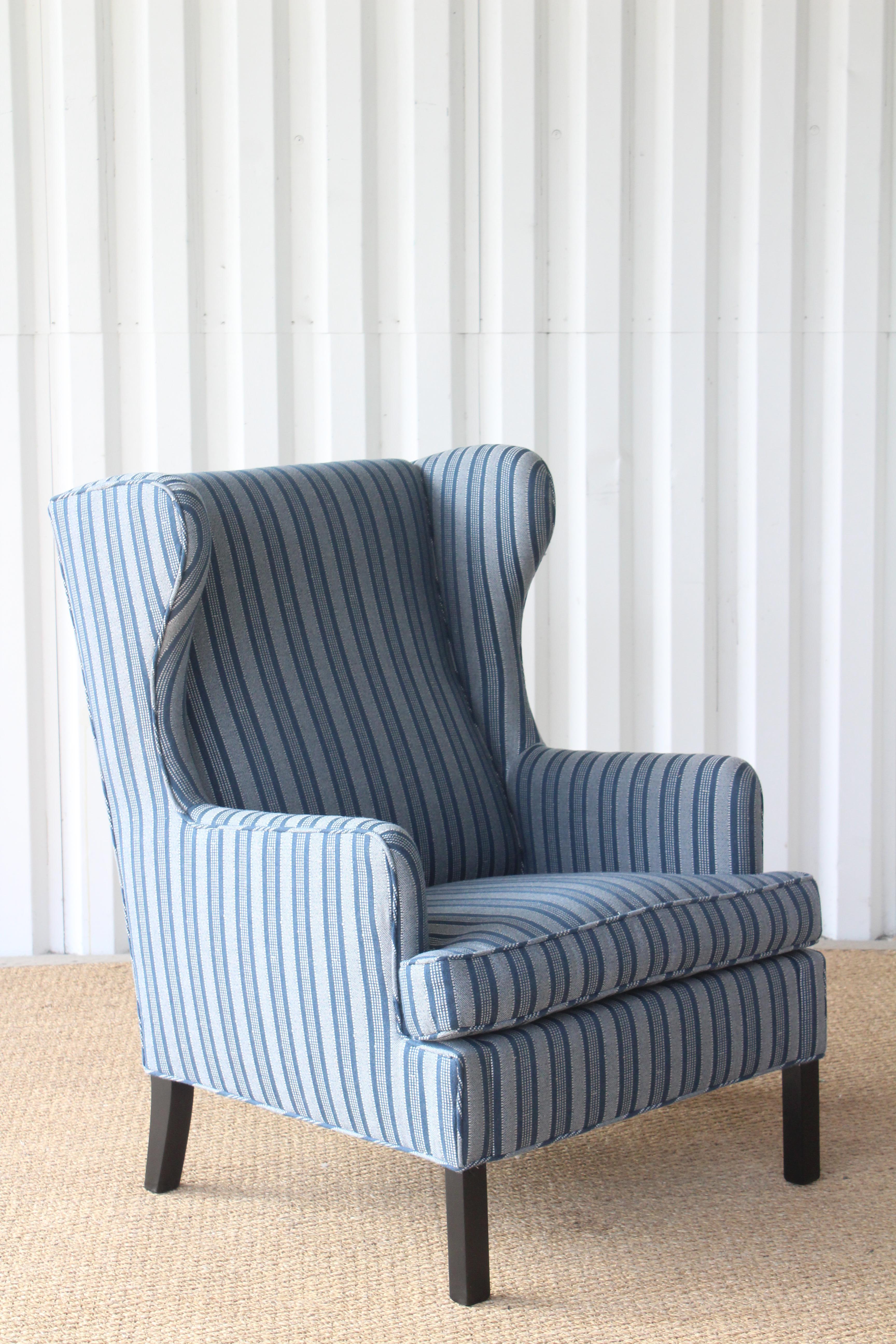 1950s Danish High Back Wing Chair Upholstered in Peter Dunham Textiles Fabric In Excellent Condition In Los Angeles, CA