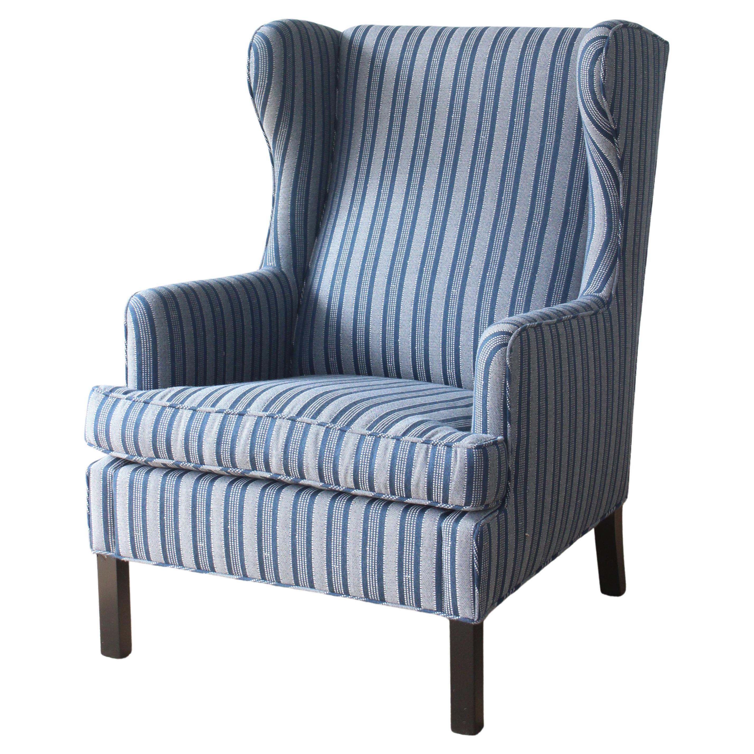 1950s Danish High Back Wing Chair Upholstered in Peter Dunham Textiles Fabric