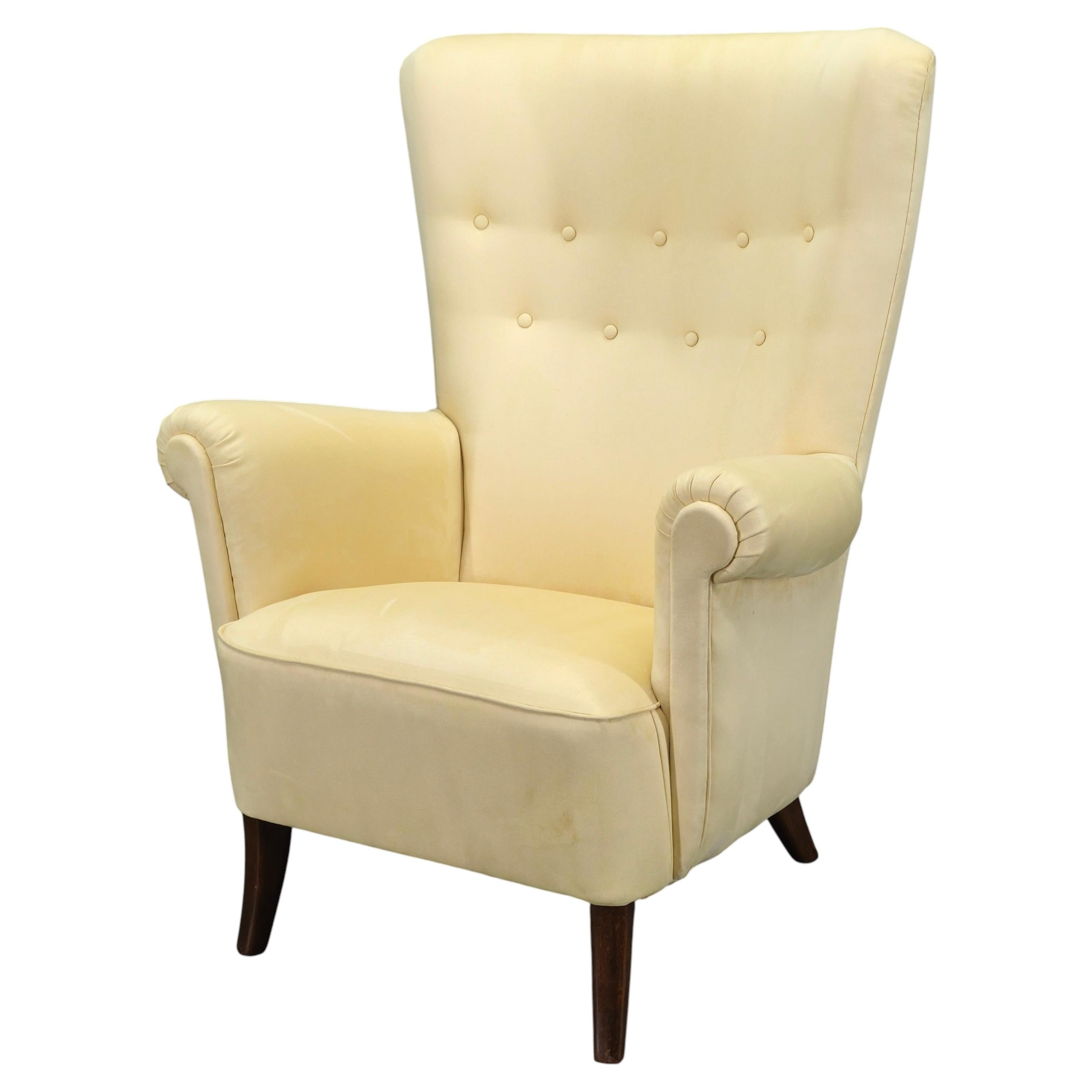 1950s Danish High Back Wing Lounge Chair Newly Reupholstered For Sale