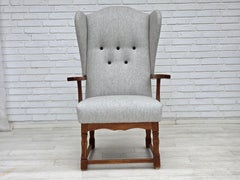 1950s, Danish high-backed armchair, reupholstered, wool, oak wood.