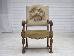 1950s, Danish highback armchair, hand woven wool, velour, carved oak wood.