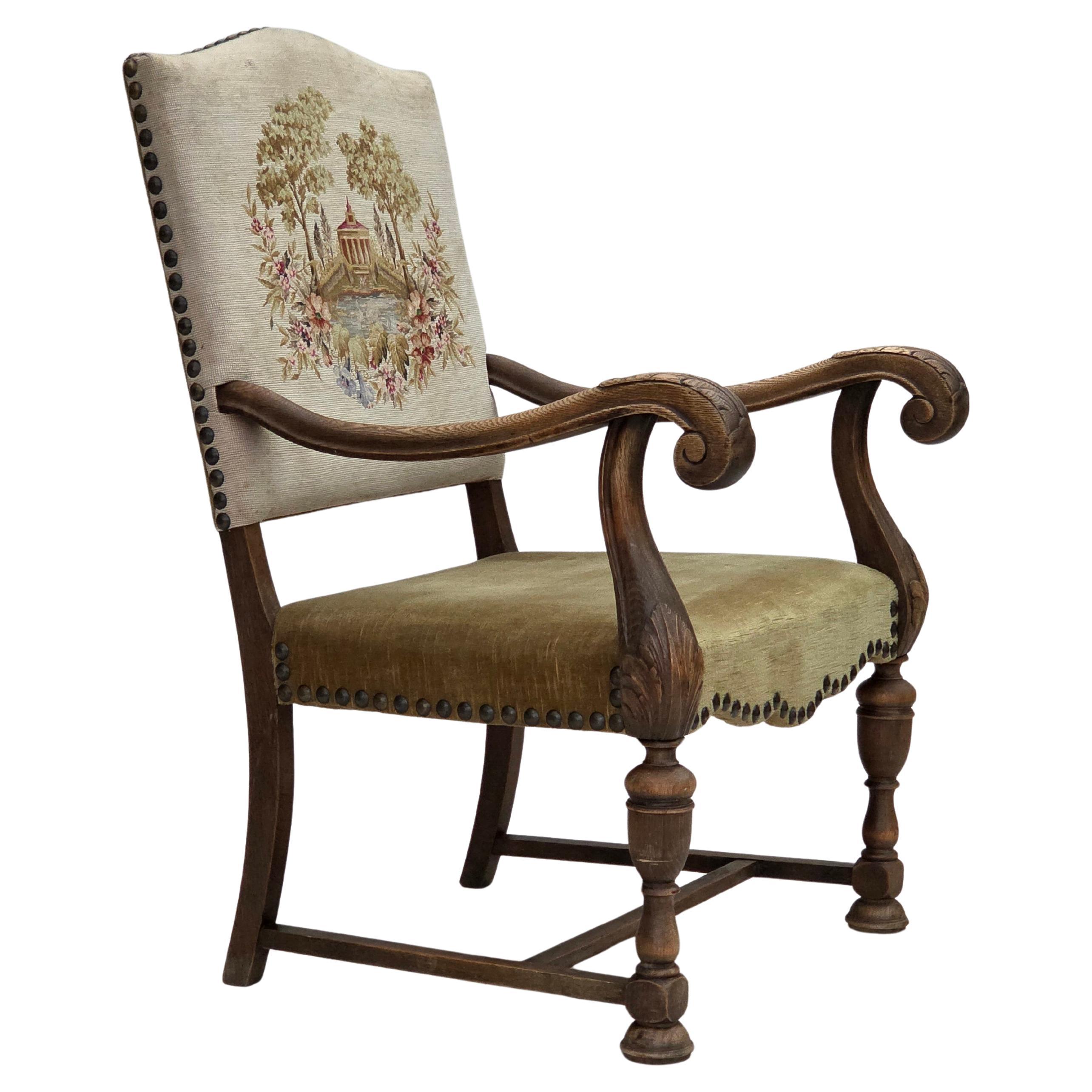 1950s, Danish highback armchair, hand woven wool, velour, carved oak wood.