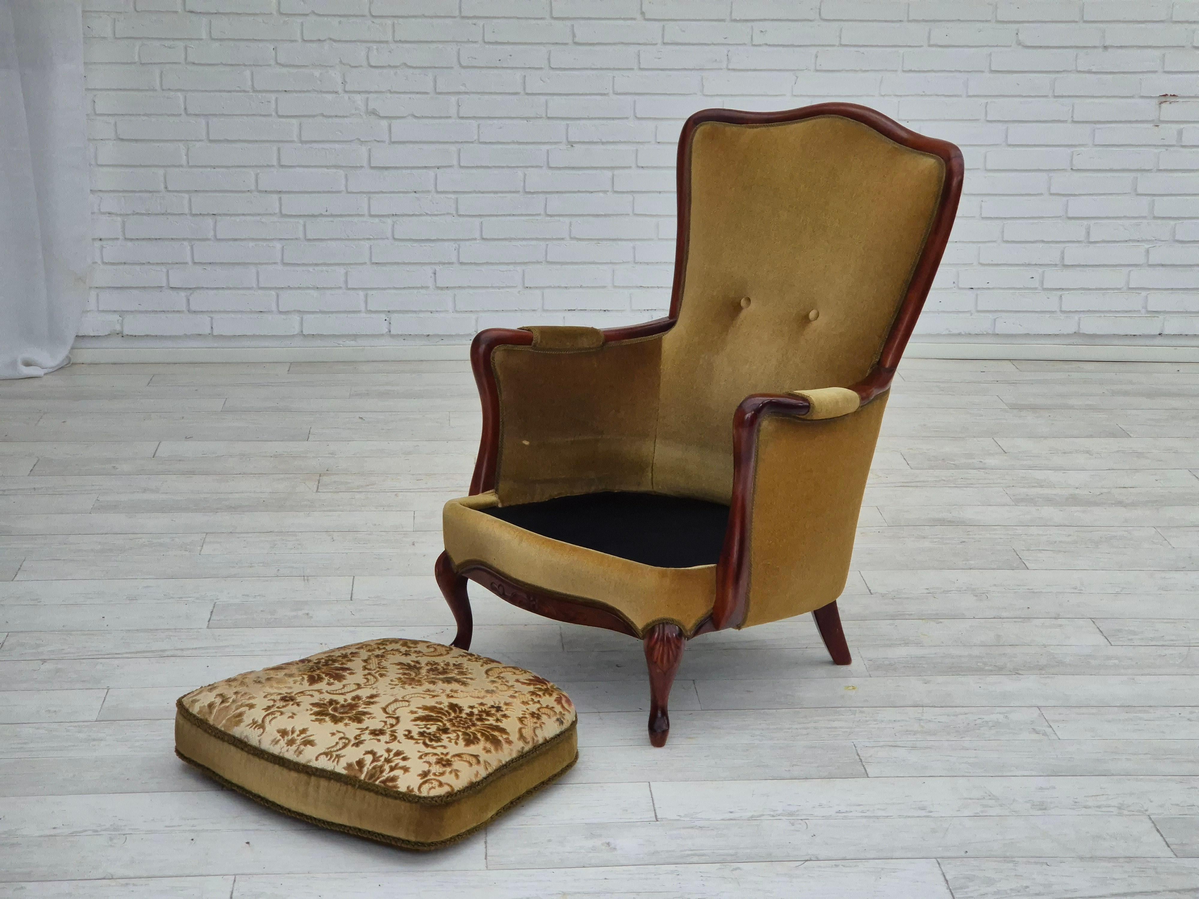 1950s, Danish highback armchair, original upholstery, green velour. For Sale 5