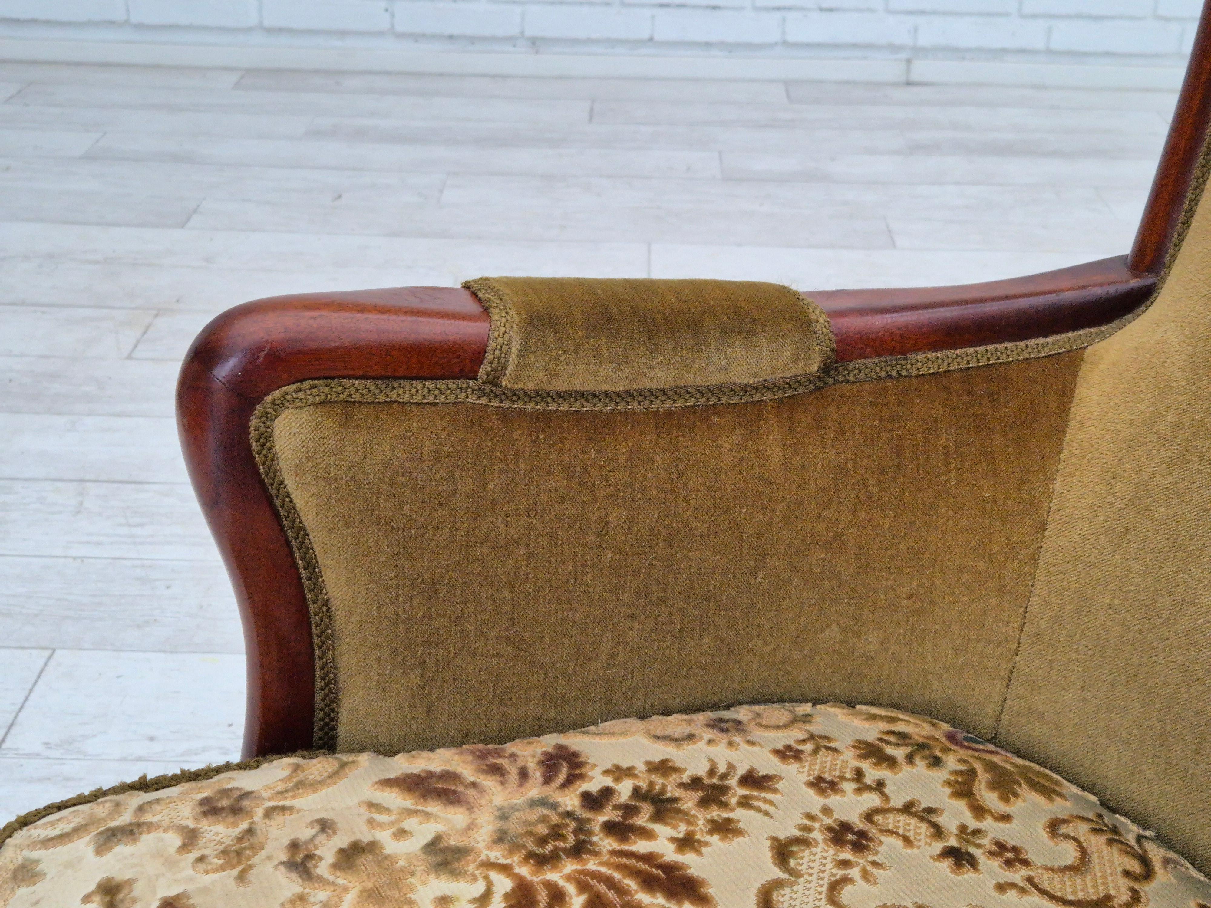 1950s, Danish highback armchair, original upholstery, green velour. For Sale 7