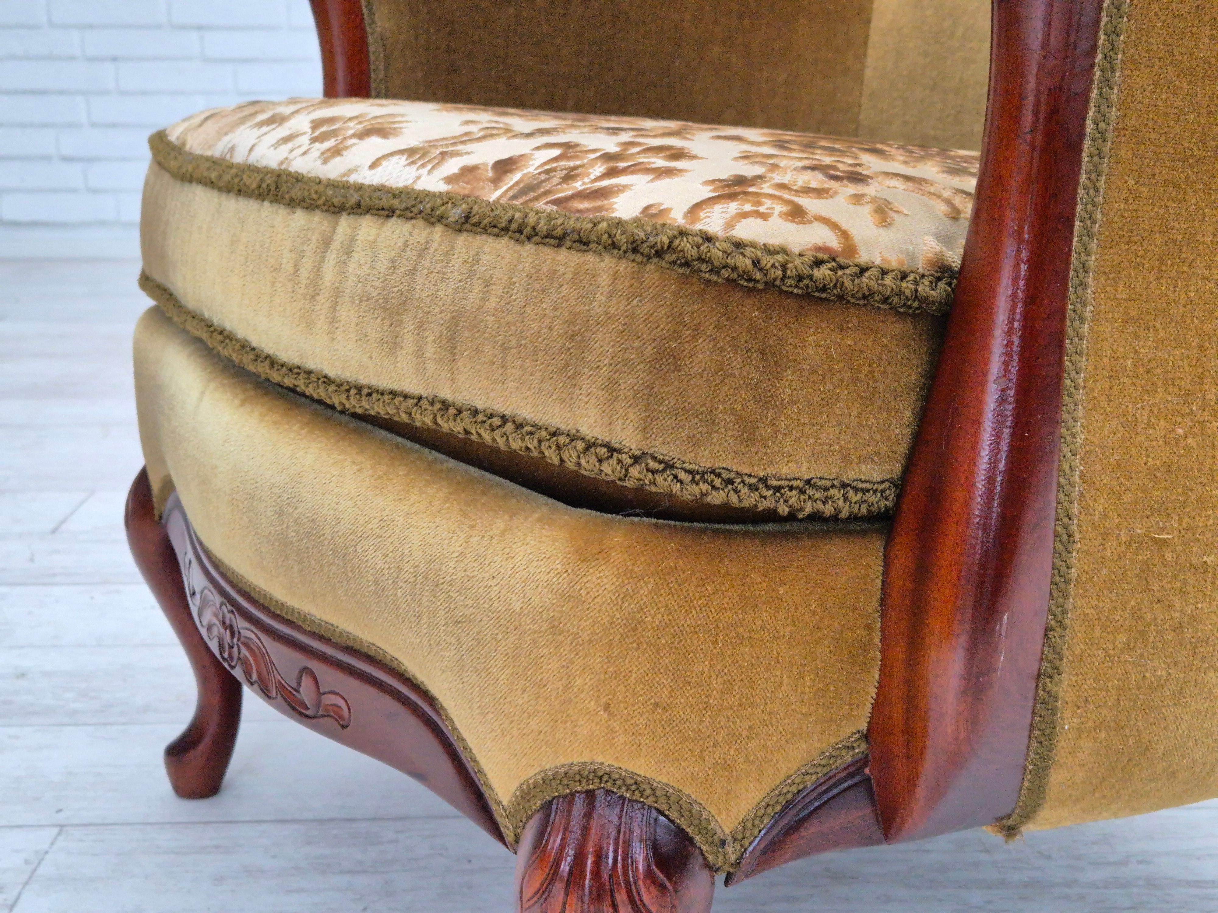 1950s, Danish highback armchair, original upholstery, green velour. For Sale 8