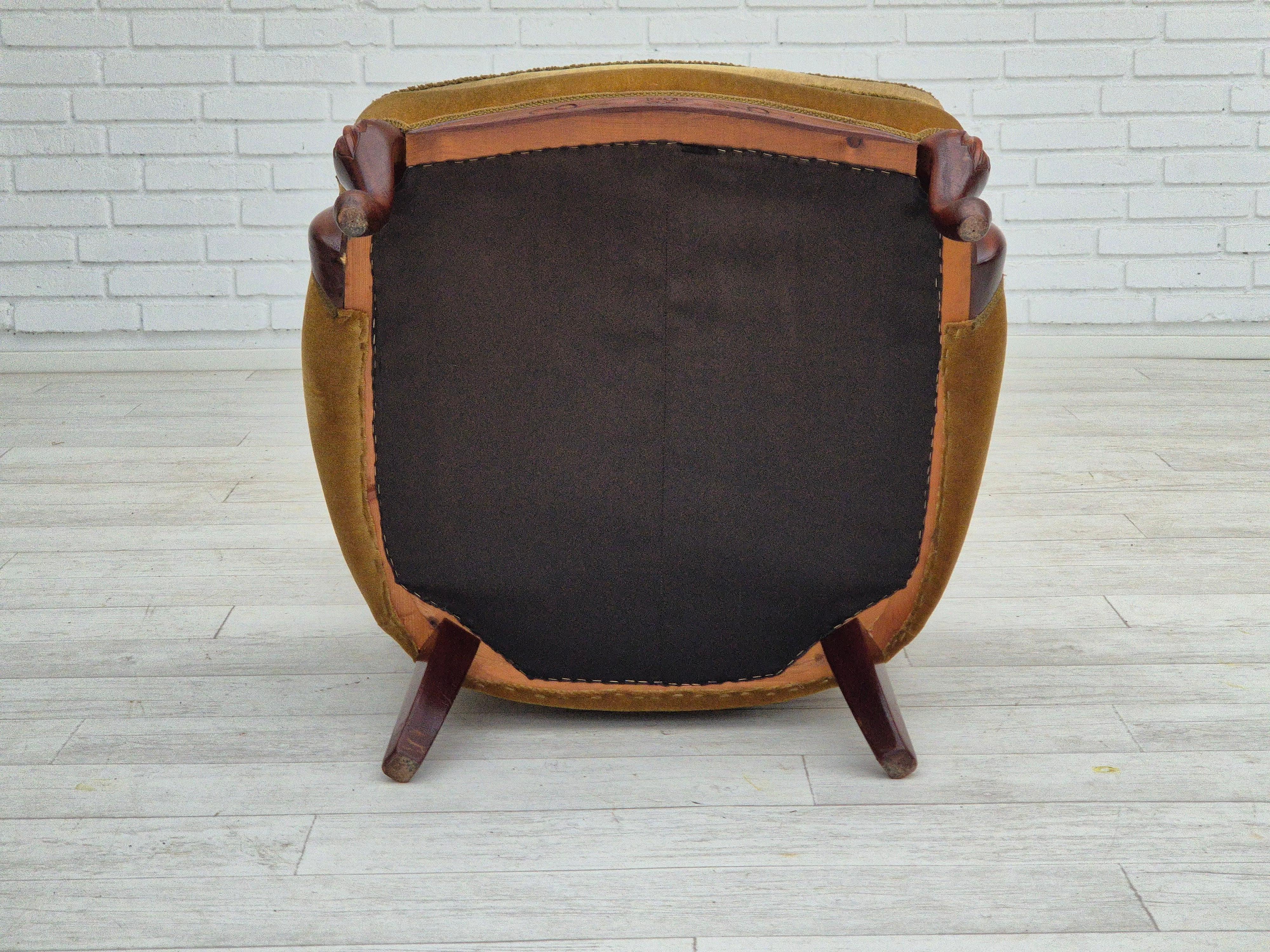 1950s, Danish highback armchair, original upholstery, green velour. For Sale 13