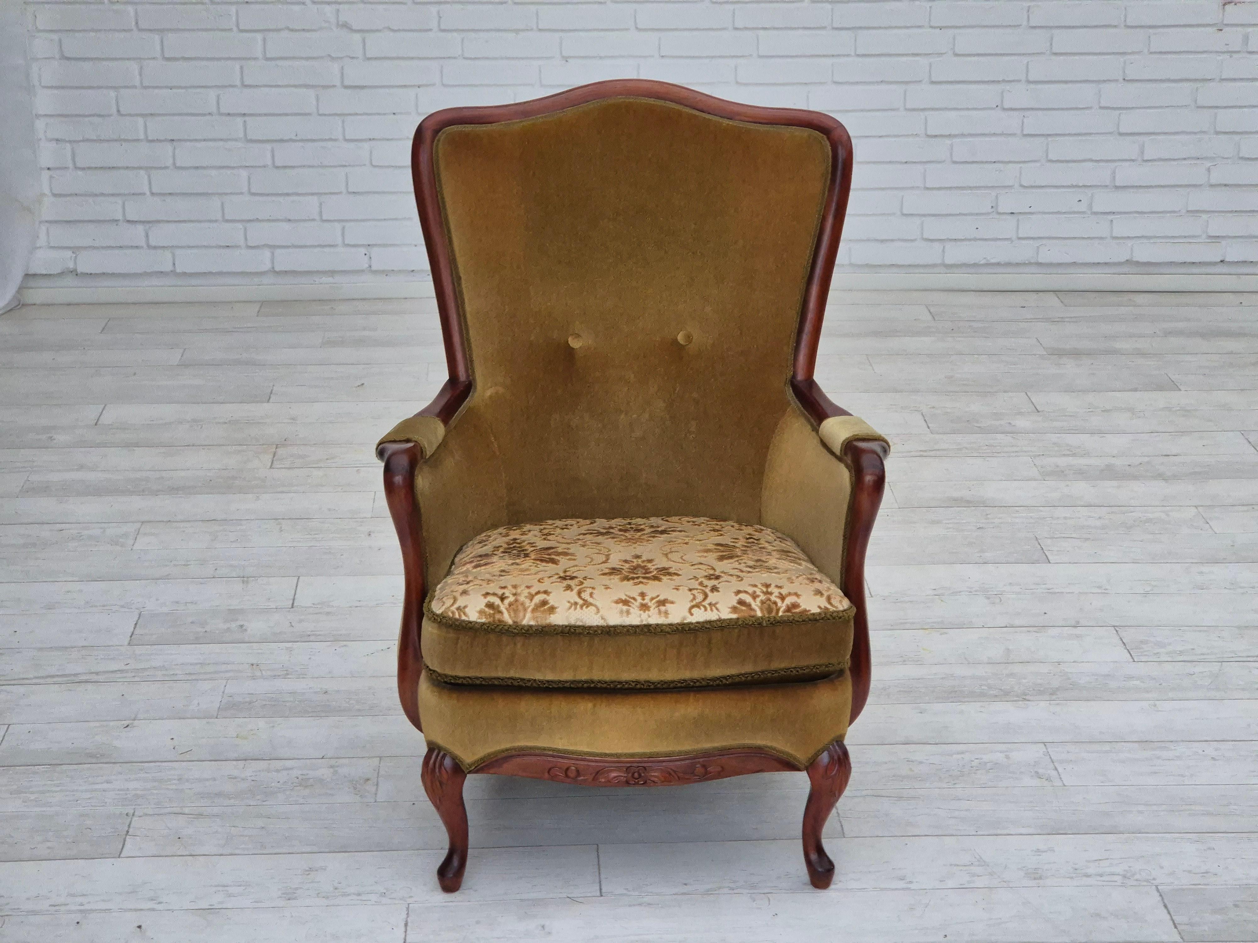 Scandinavian Modern 1950s, Danish highback armchair, original upholstery, green velour. For Sale