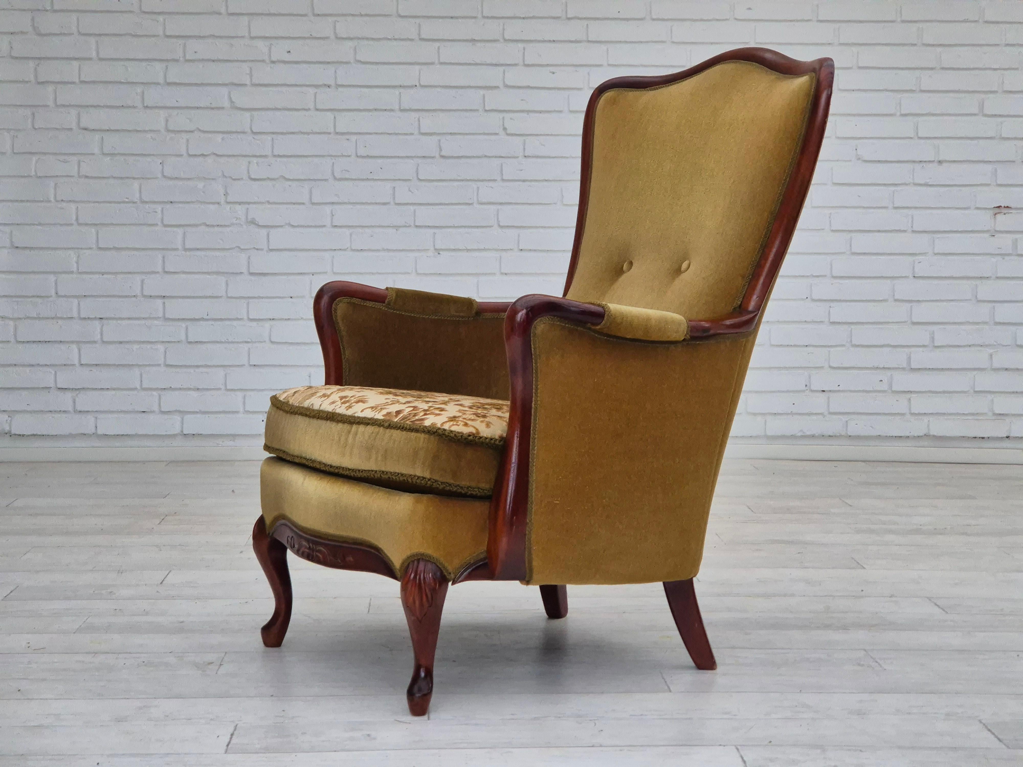 Mid-20th Century 1950s, Danish highback armchair, original upholstery, green velour. For Sale
