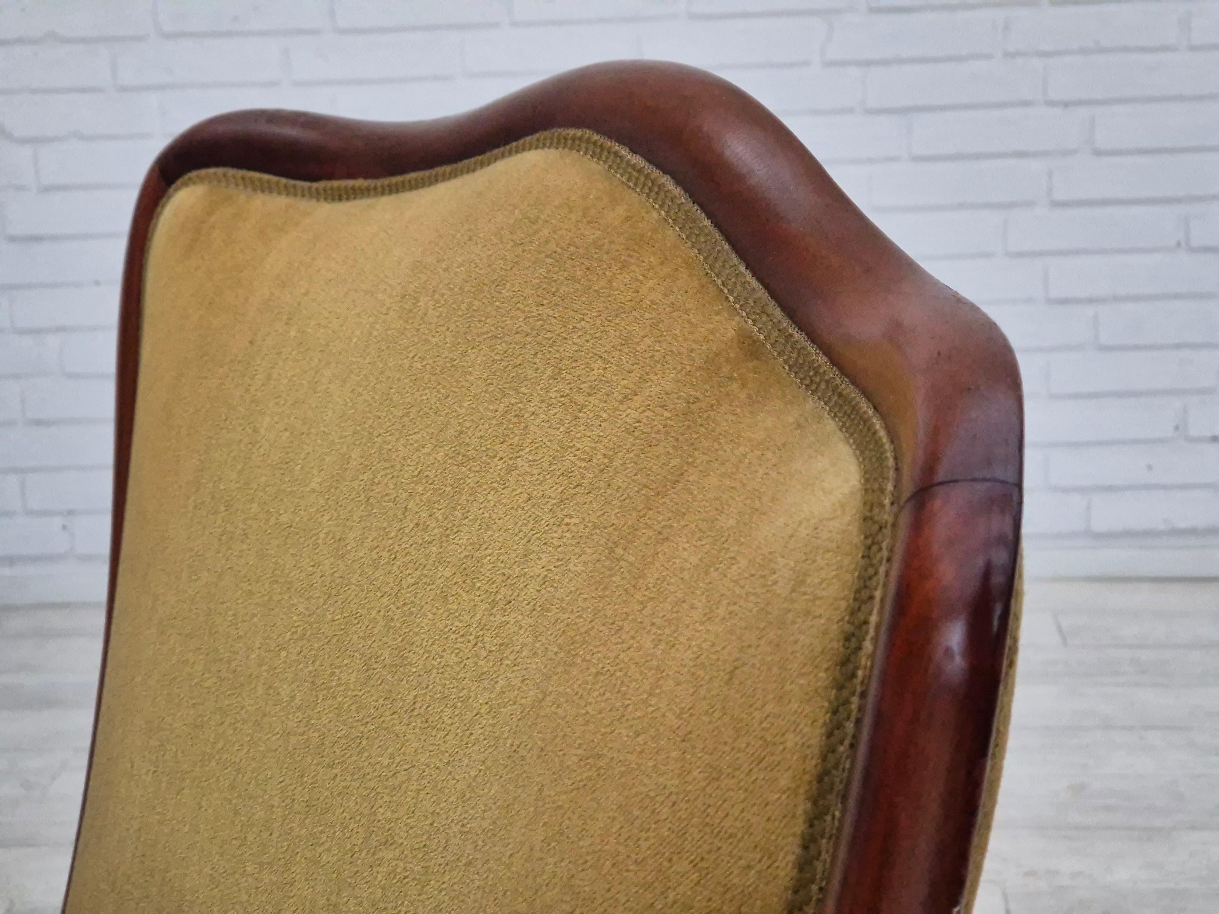 Velvet 1950s, Danish highback armchair, original upholstery, green velour. For Sale