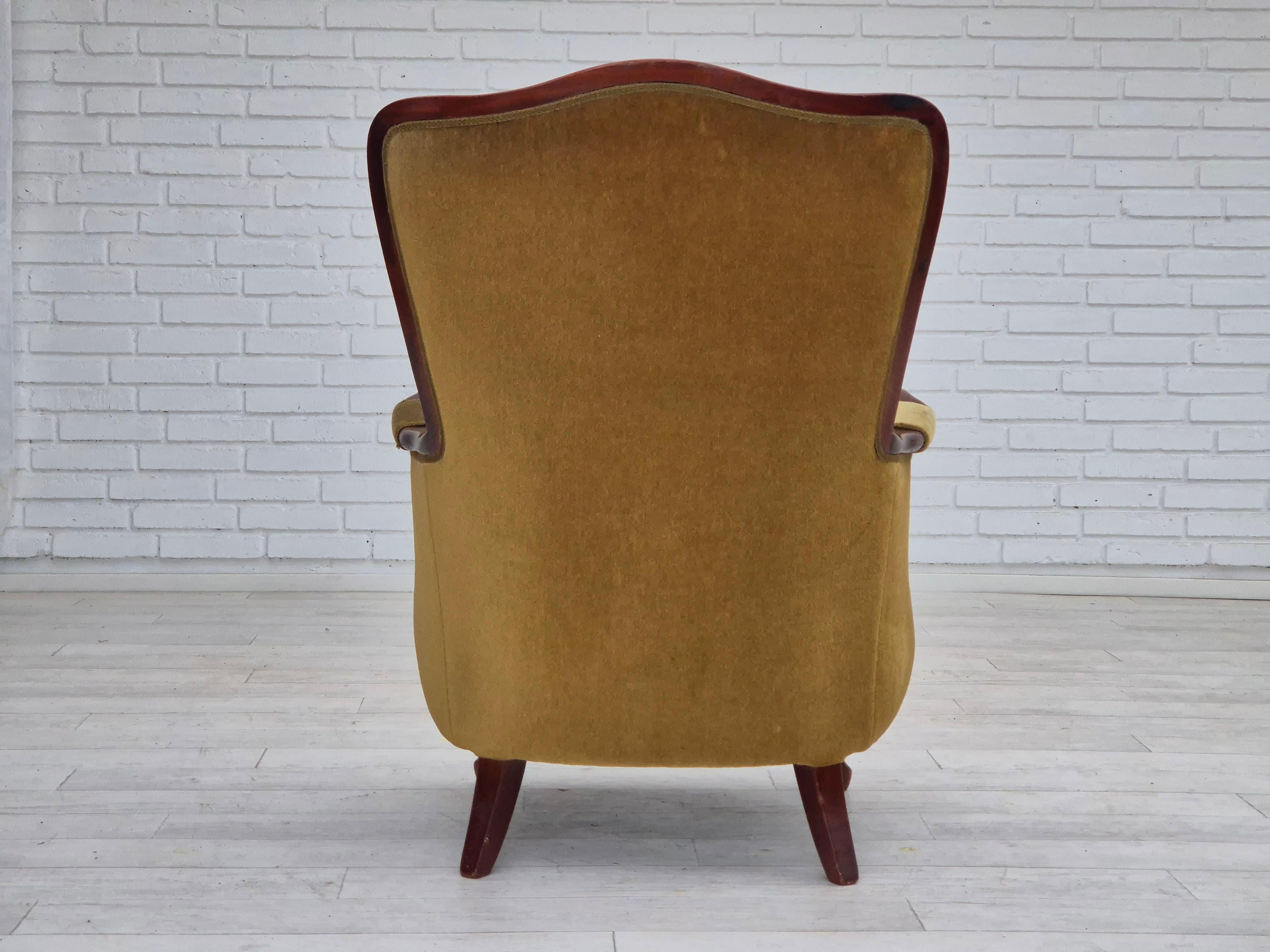 1950s, Danish highback armchair, original upholstery, green velour. For Sale 2