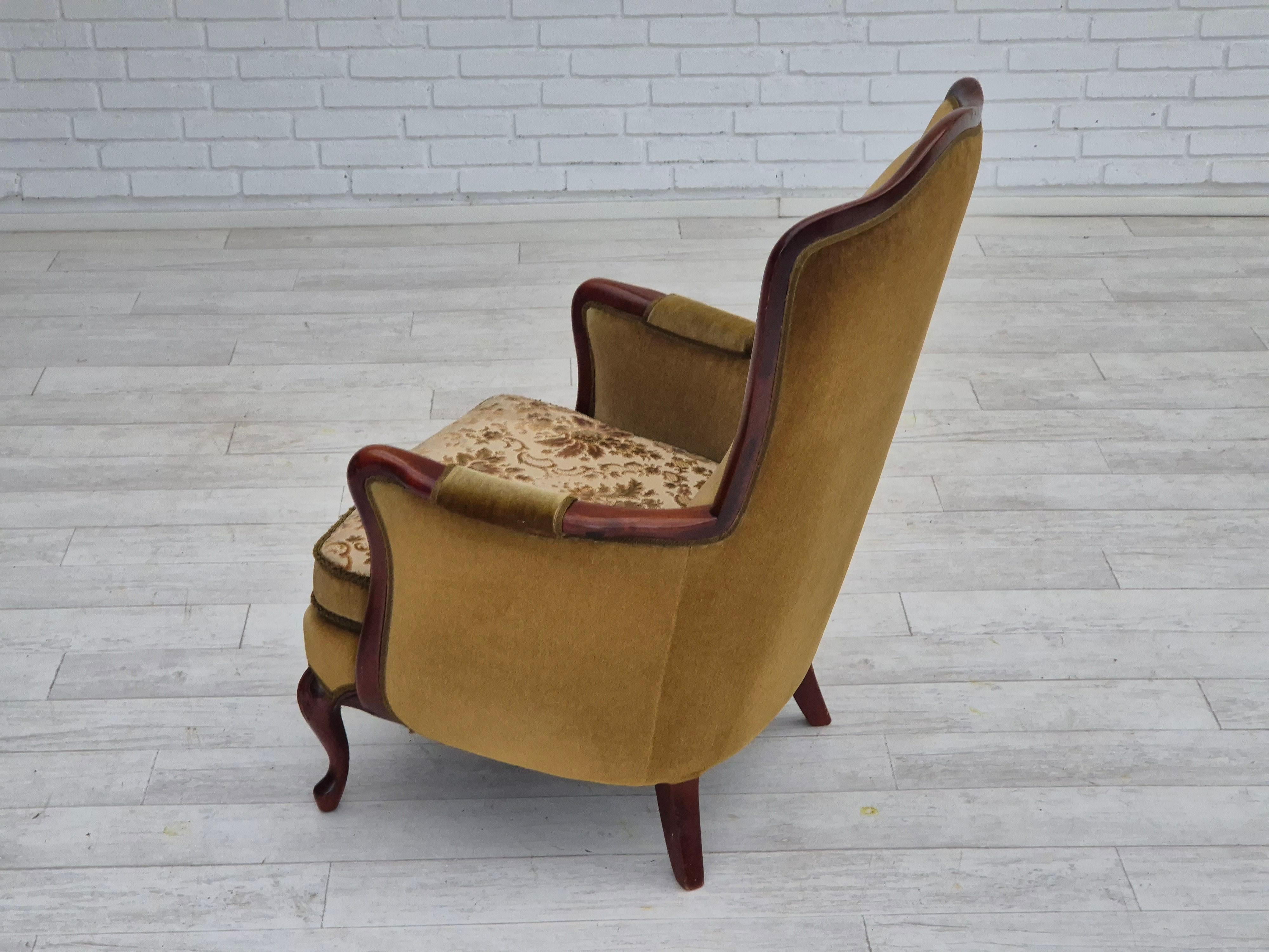 1950s, Danish highback armchair, original upholstery, green velour. For Sale 3
