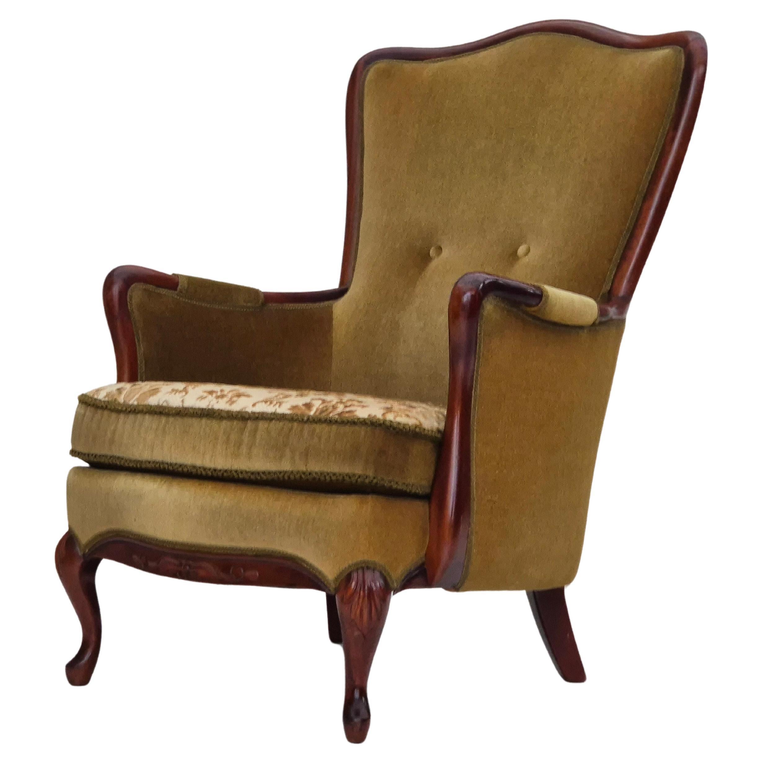 1950s, Danish highback armchair, original upholstery, green velour. For Sale