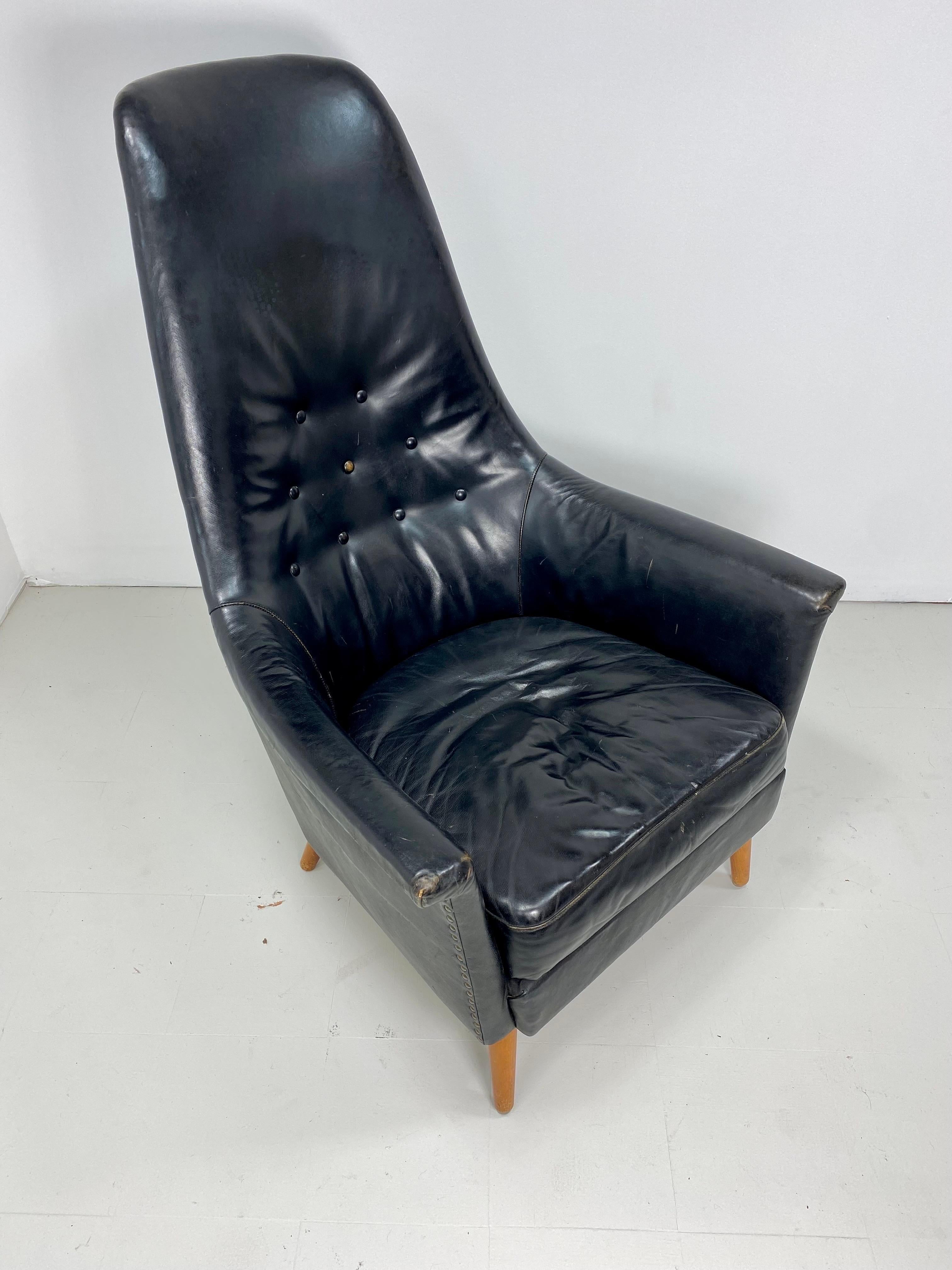 1950s Danish Leather High Back Lounge Chair For Sale 5