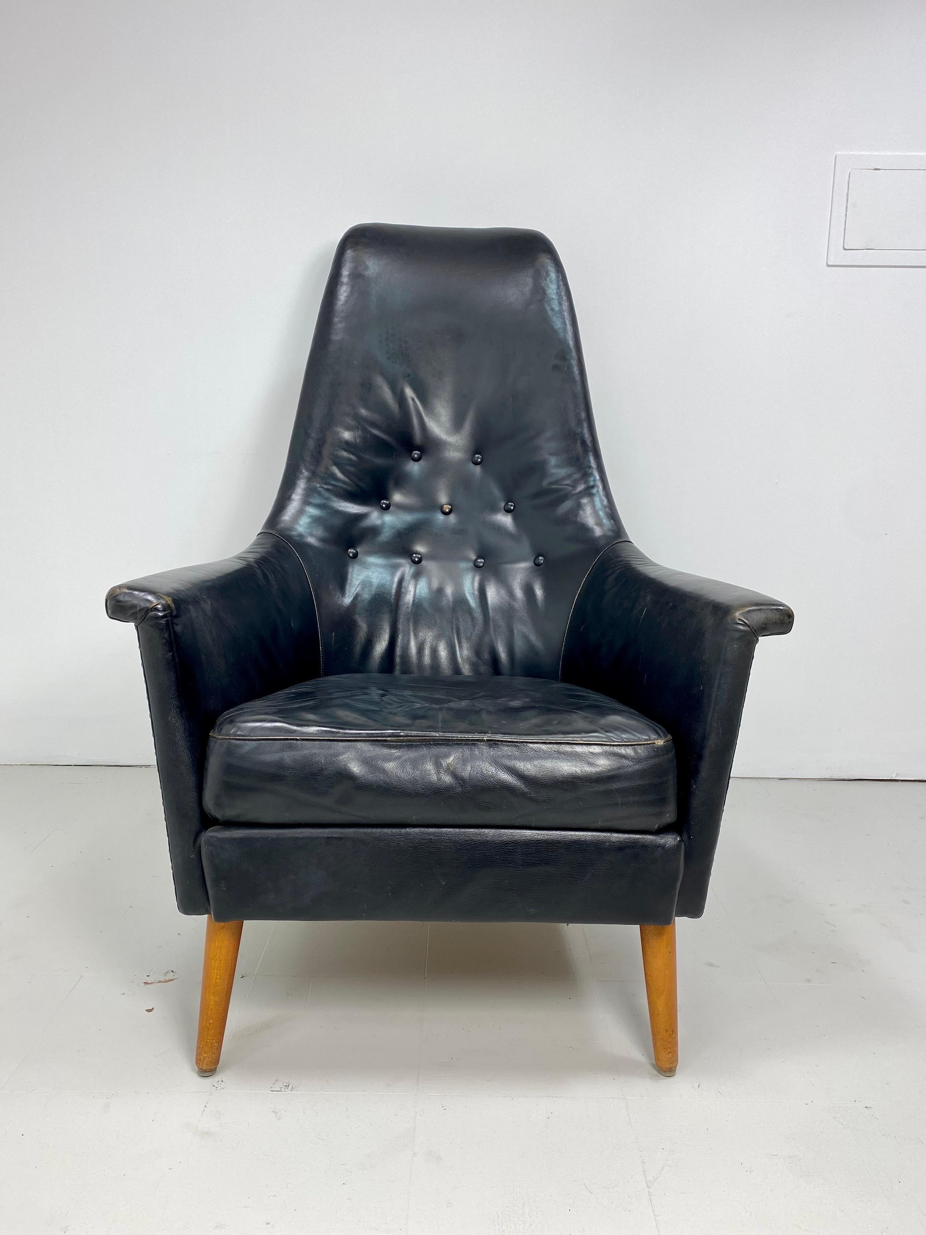 Scandinavian Modern 1950s Danish Leather High Back Lounge Chair For Sale