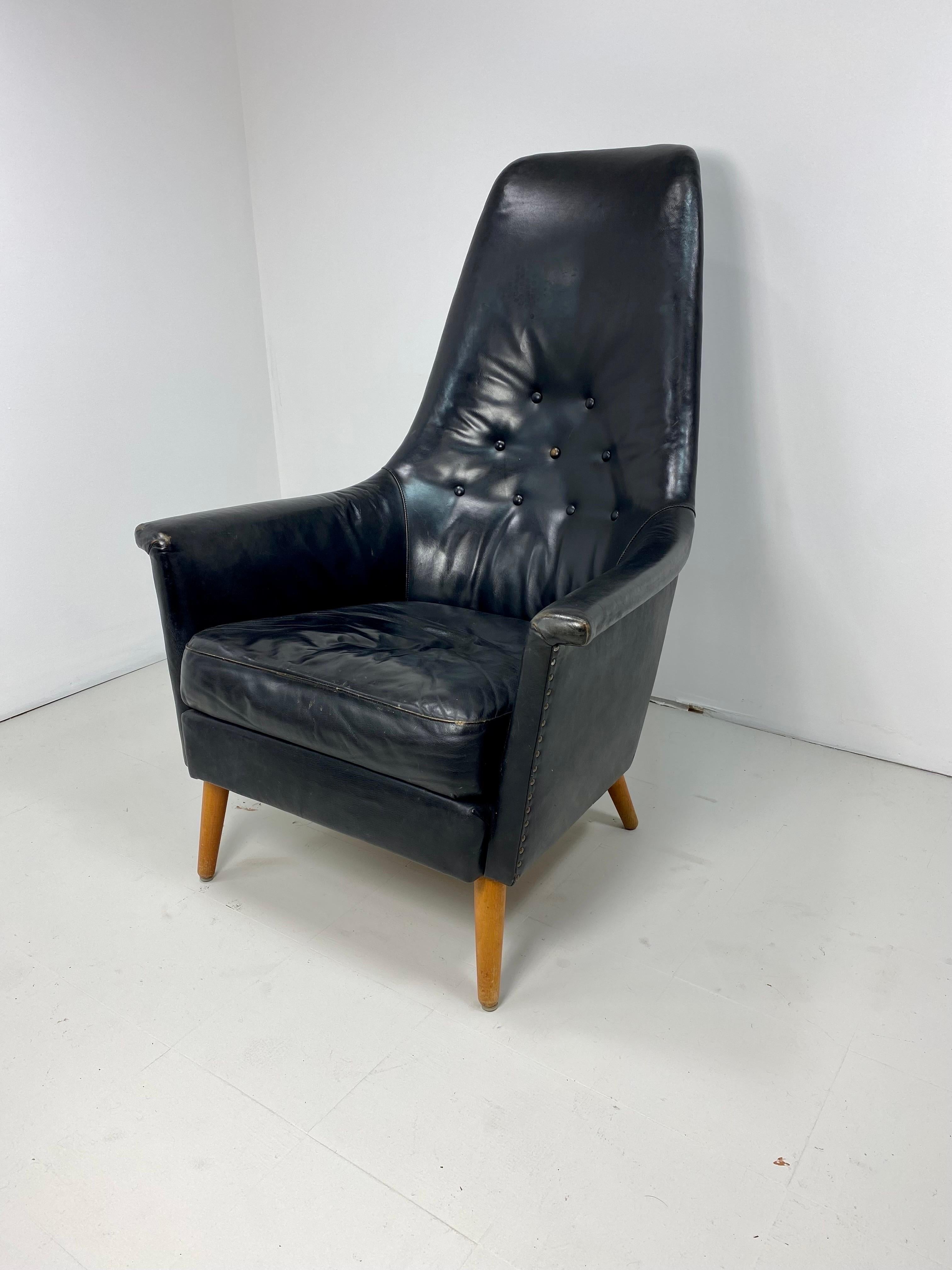 20th Century 1950s Danish Leather High Back Lounge Chair For Sale