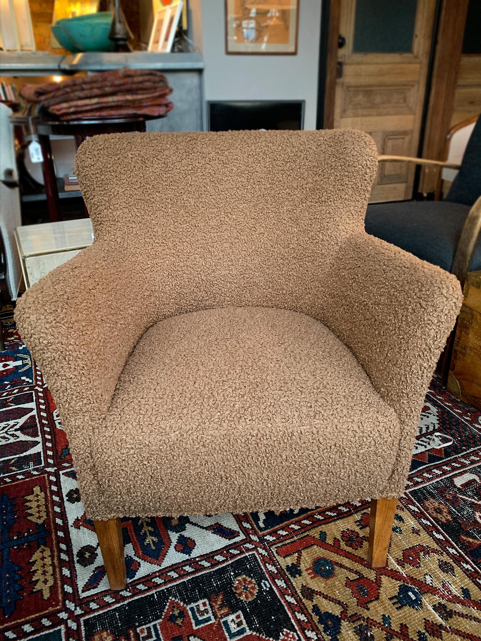 Scandinavian Modern 1950s Danish Lounge Chair by Birte Iversen in Caramel Bouclé