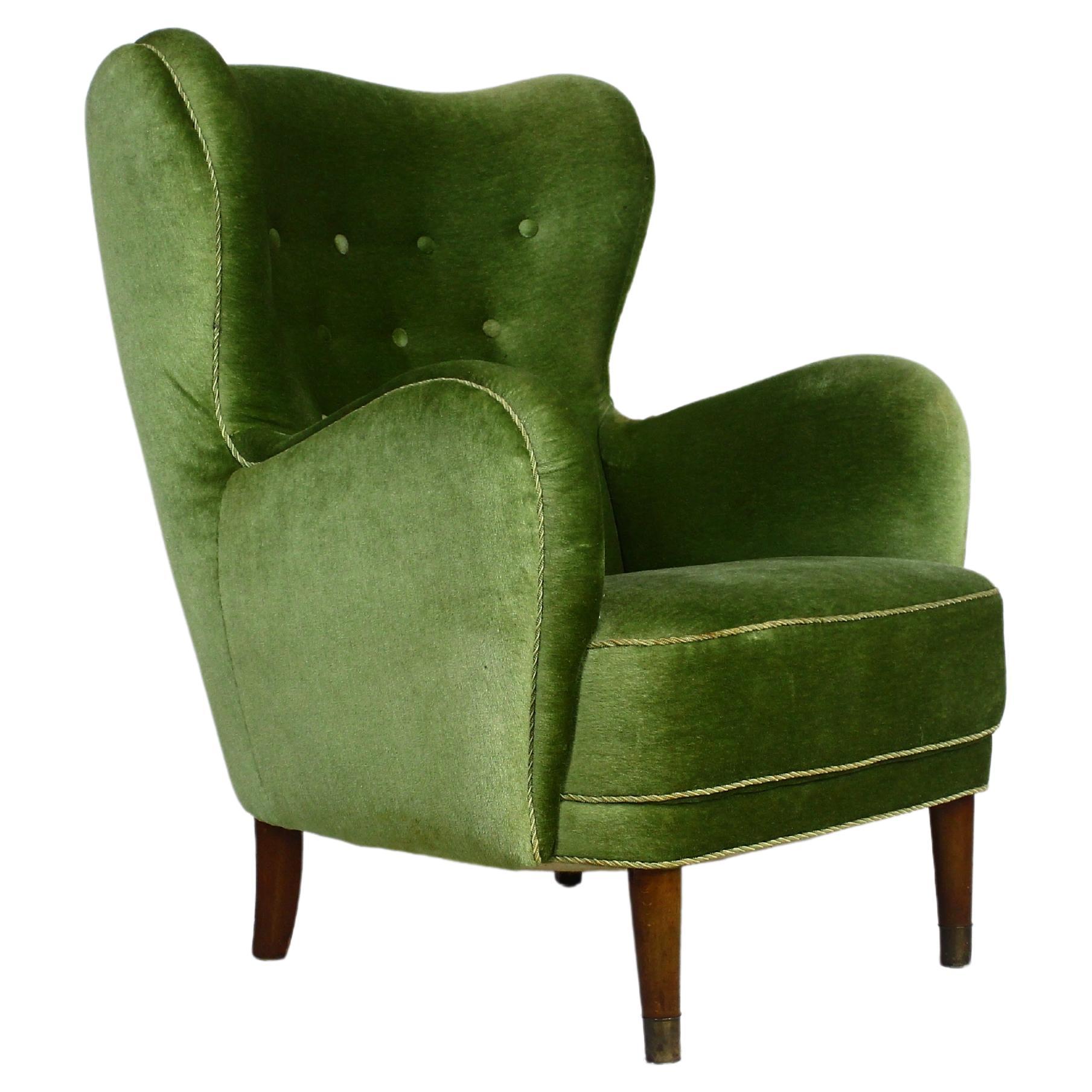 1950s Danish Lounge Chair in Green Velvet