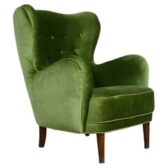 1950s Danish Lounge Chair in Green Velvet