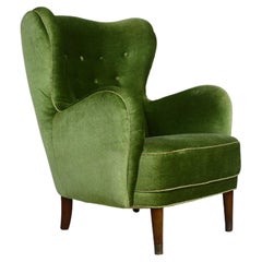 Retro 1950s Danish Lounge Chair in Green Velvet