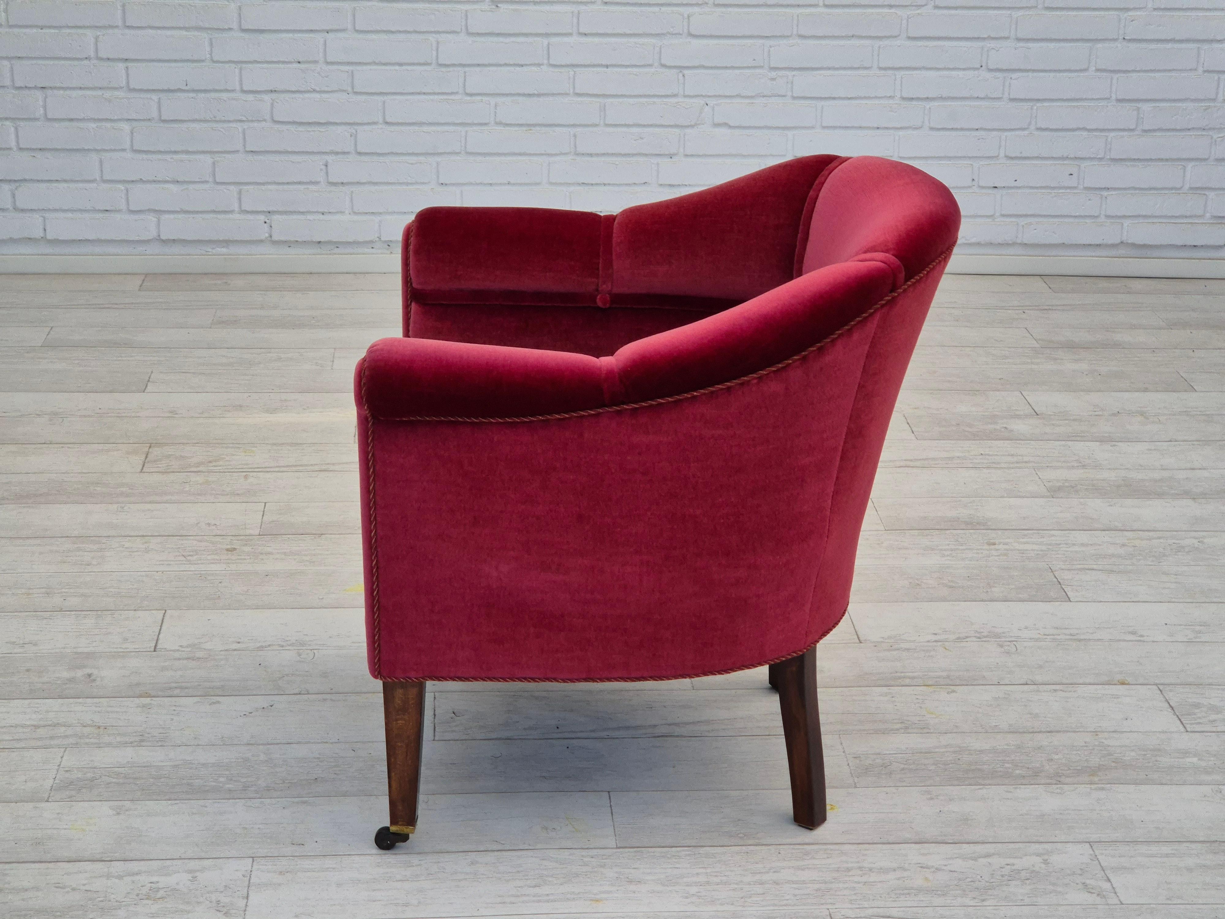 1950s, Danish lounge chair, original condition, furniture velour, ash wood legs. For Sale 7