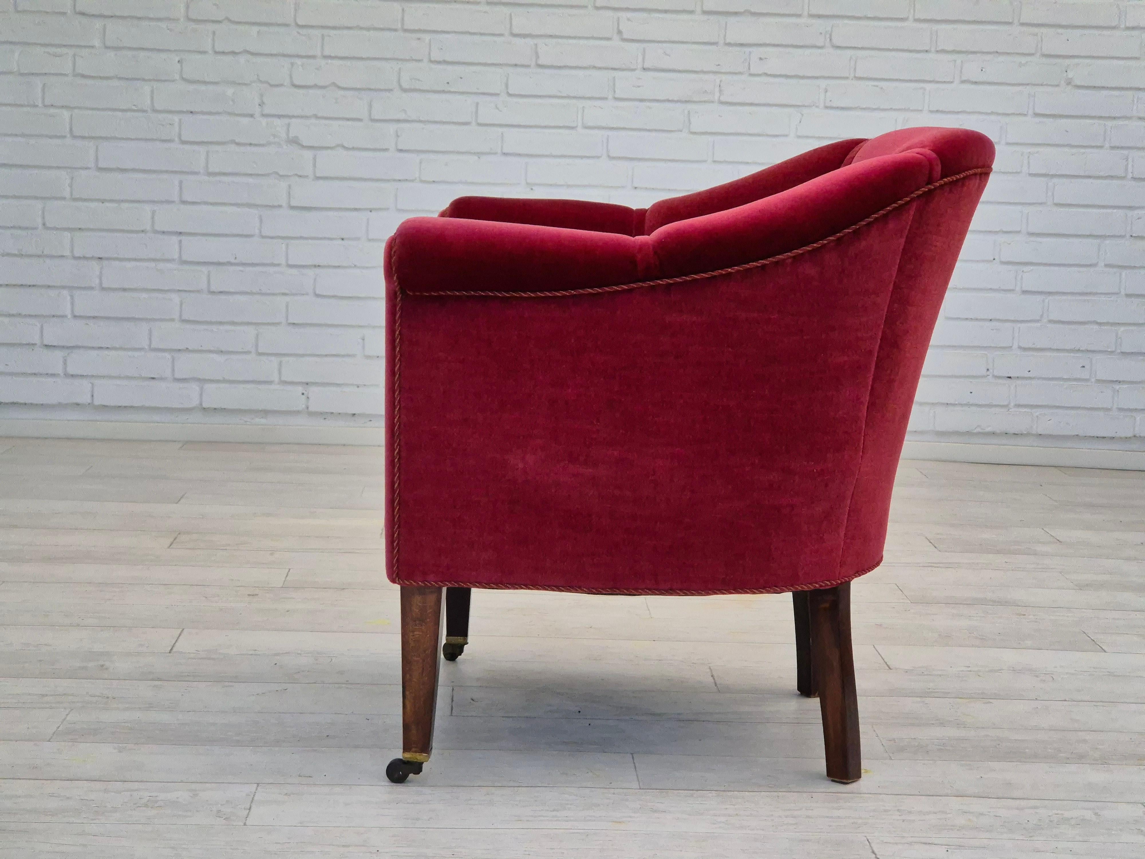 1950s, Danish lounge chair, original condition, furniture velour, ash wood legs. For Sale 9