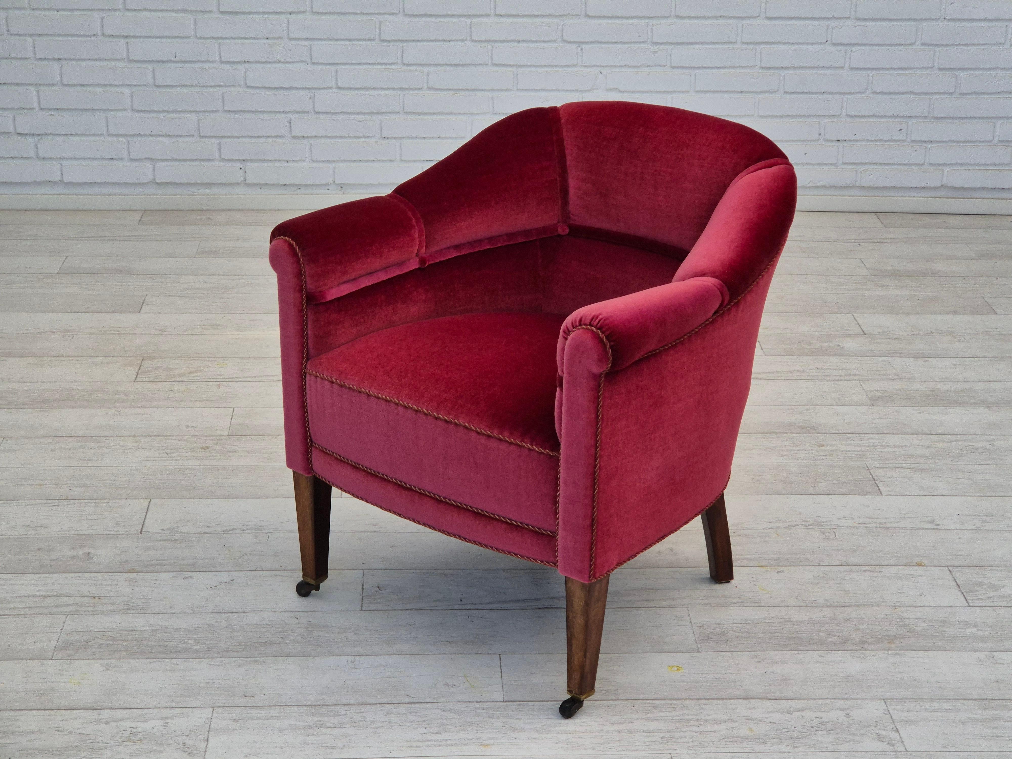 1950s, Danish lounge chair, original condition, furniture velour, ash wood legs. For Sale 10