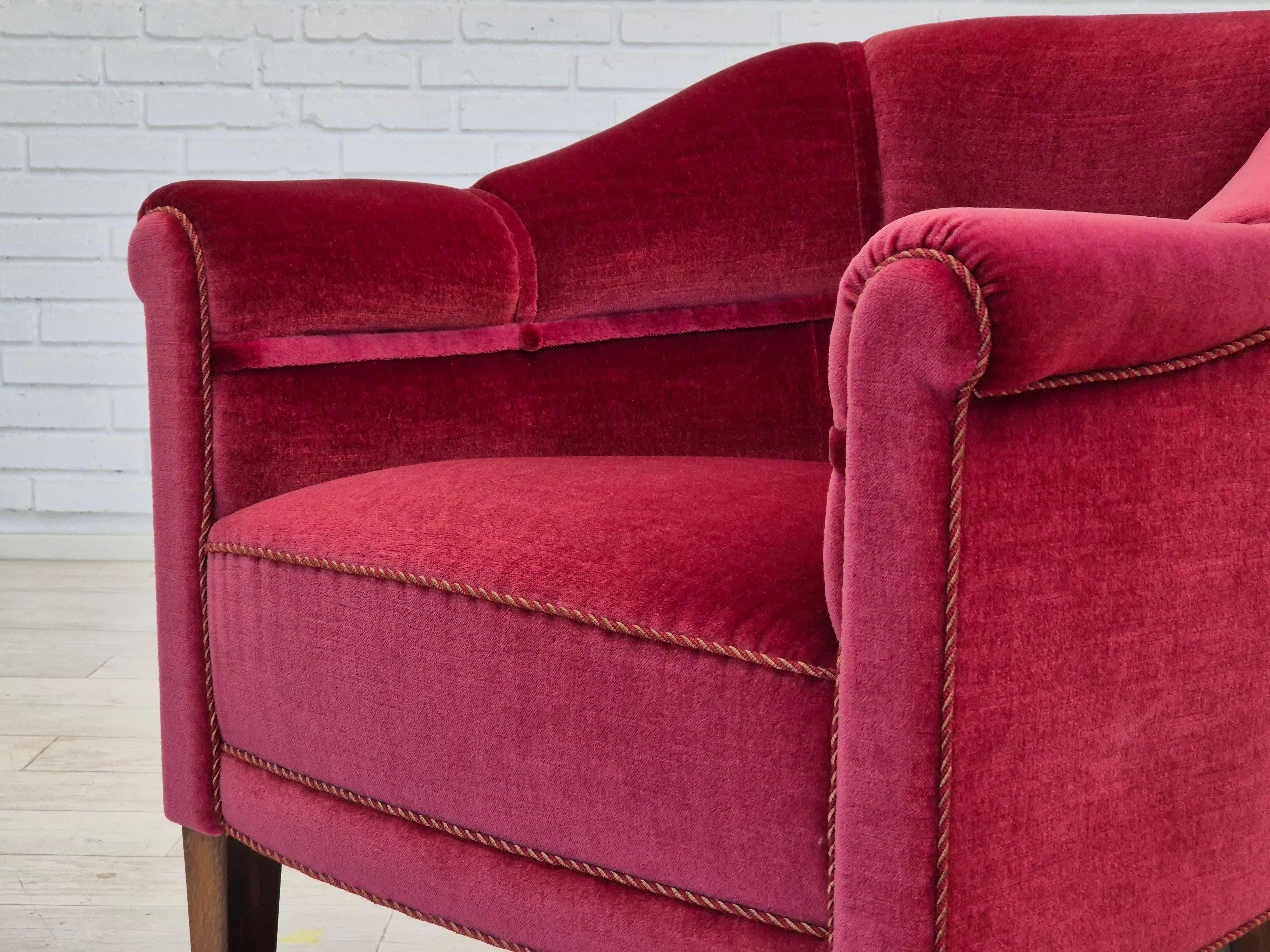 1950s, Danish lounge chair, original condition, furniture velour, ash wood legs. For Sale 11