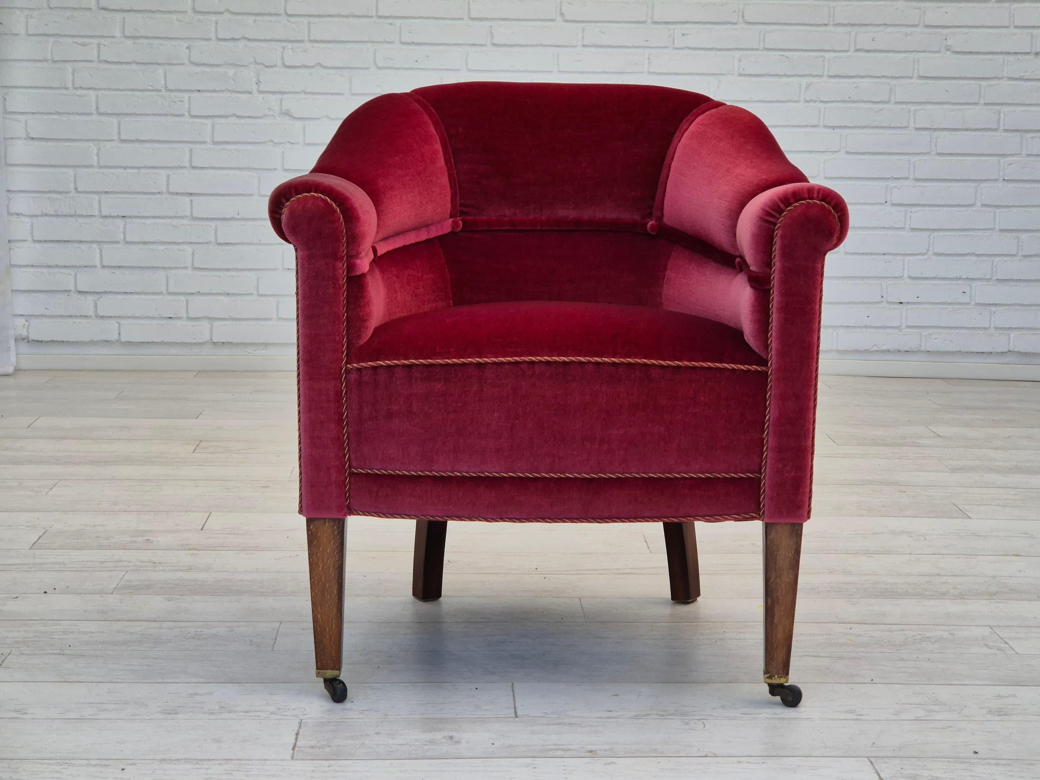 Scandinavian Modern 1950s, Danish lounge chair, original condition, furniture velour, ash wood legs. For Sale