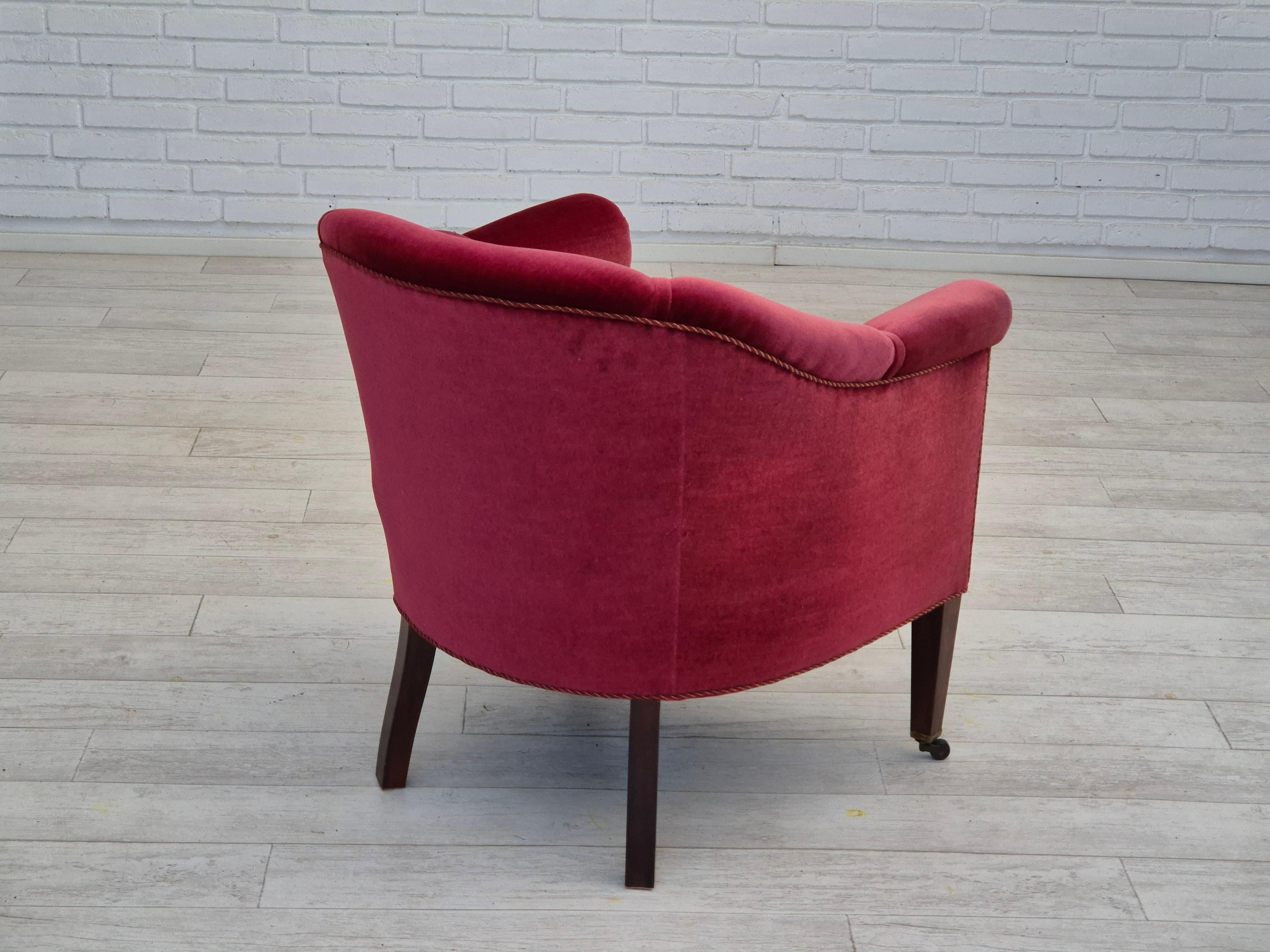 Mid-20th Century 1950s, Danish lounge chair, original condition, furniture velour, ash wood legs. For Sale