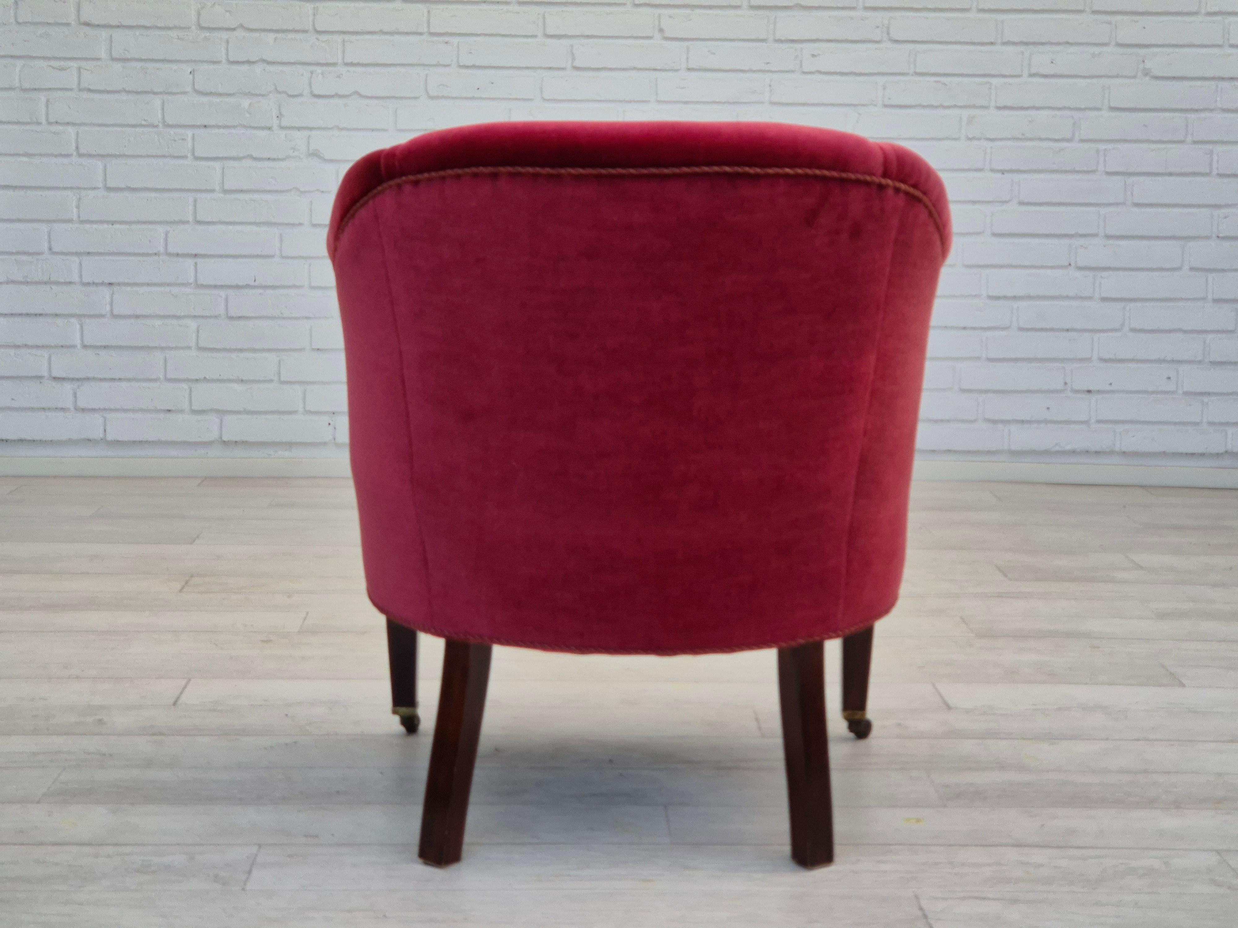 Velvet 1950s, Danish lounge chair, original condition, furniture velour, ash wood legs. For Sale