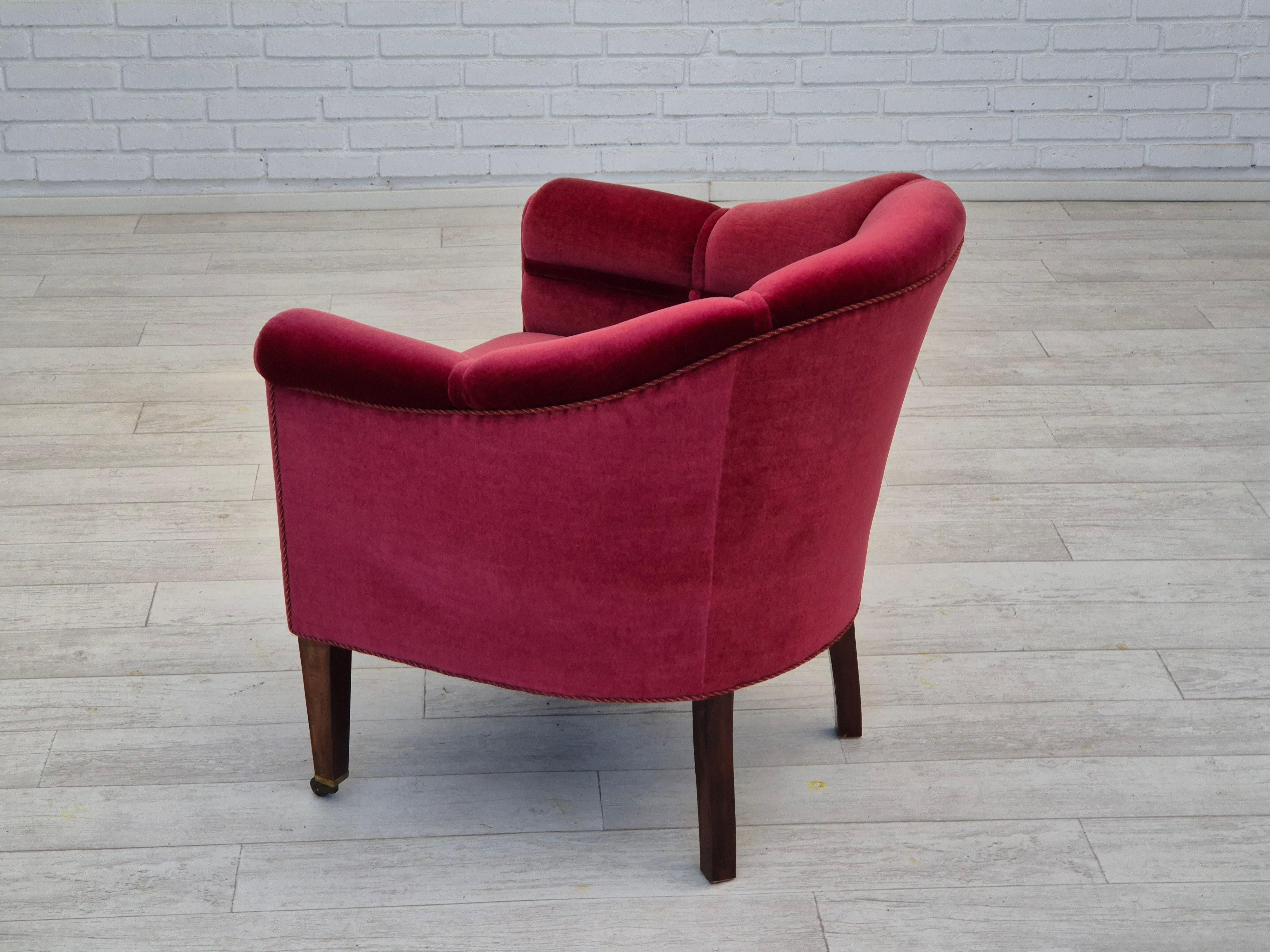 1950s, Danish lounge chair, original condition, furniture velour, ash wood legs. For Sale 1