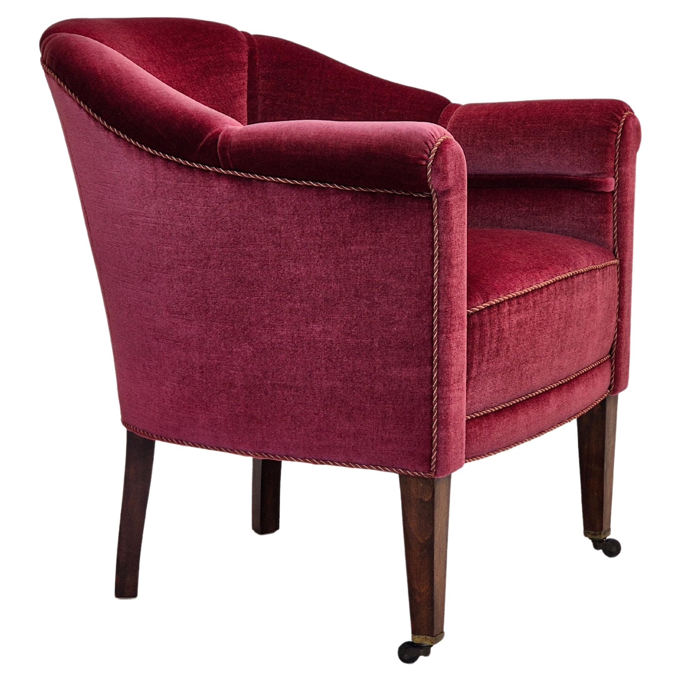 1950s, Danish lounge chair, original condition, furniture velour, ash wood legs. For Sale