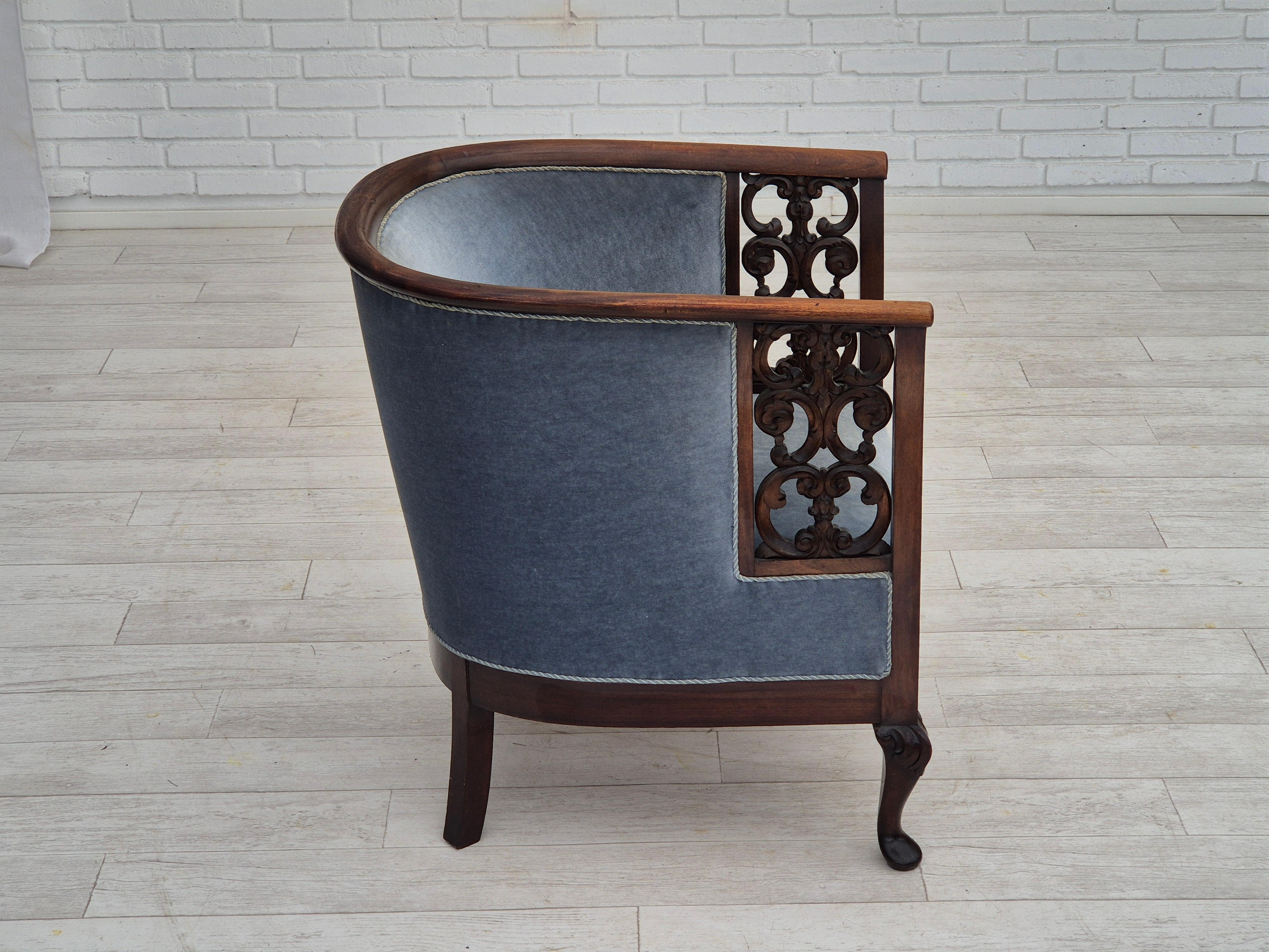 1950s, Danish lounge chair, original condition, light blue furniture velour. For Sale 12