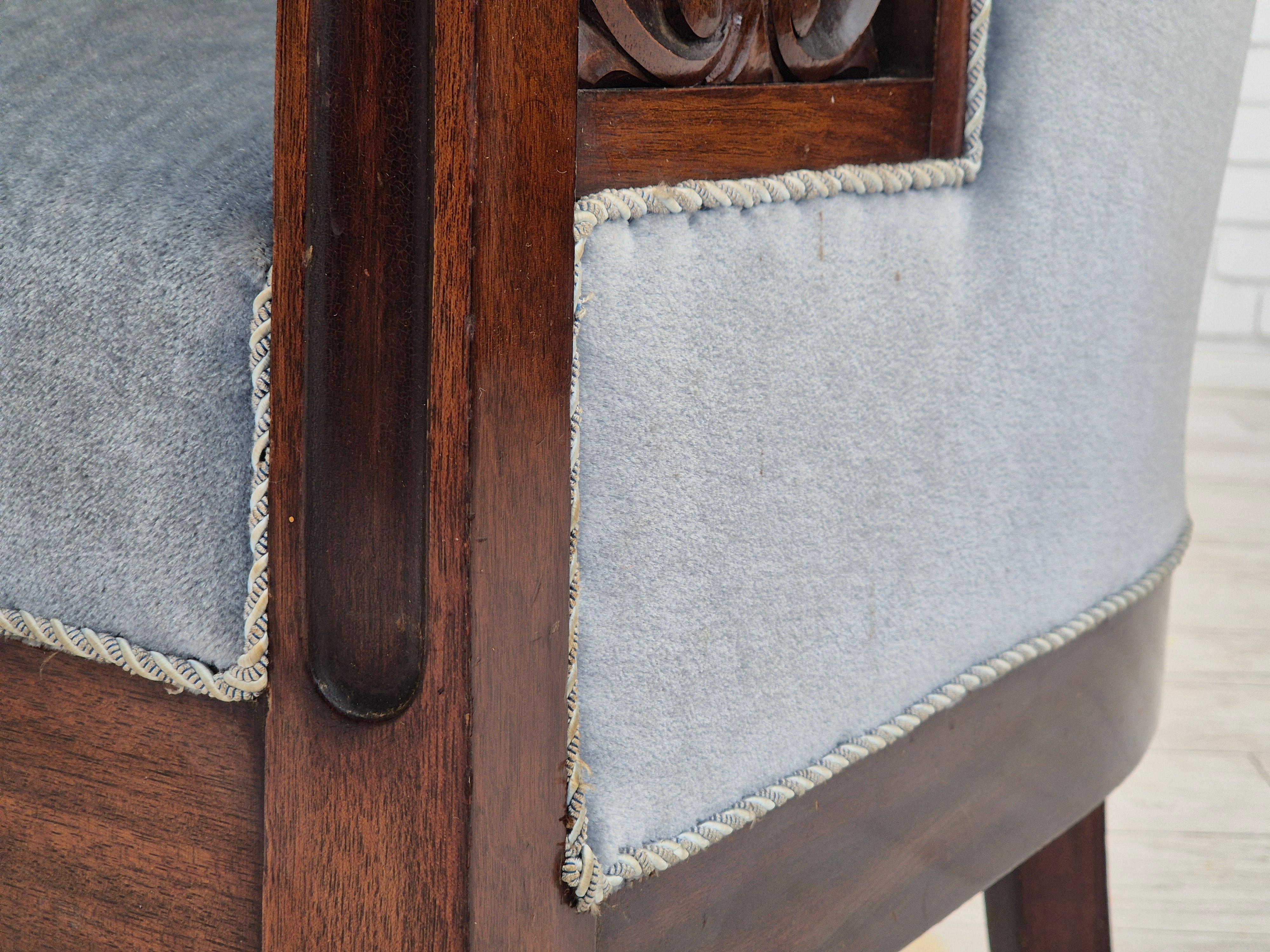 1950s, Danish lounge chair, original condition, light blue furniture velour. For Sale 13