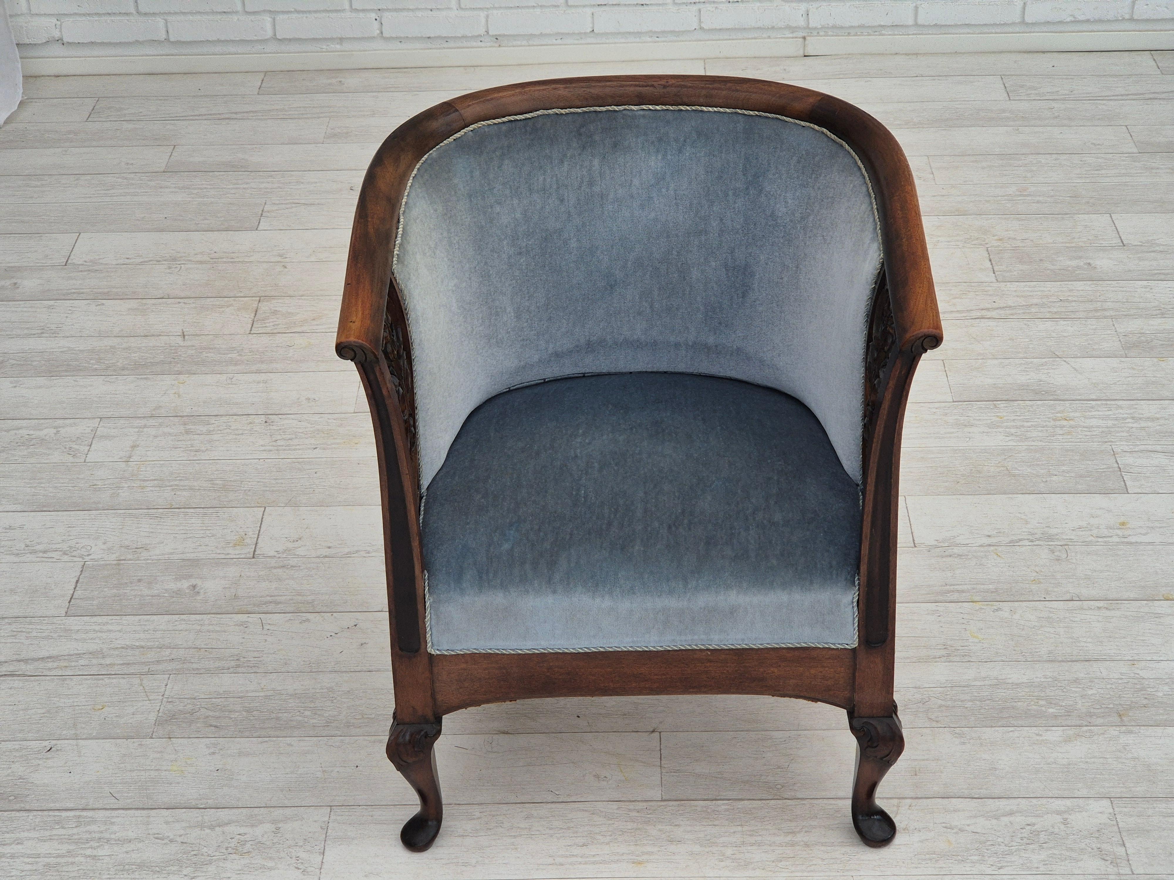 Scandinavian Modern 1950s, Danish lounge chair, original condition, light blue furniture velour. For Sale