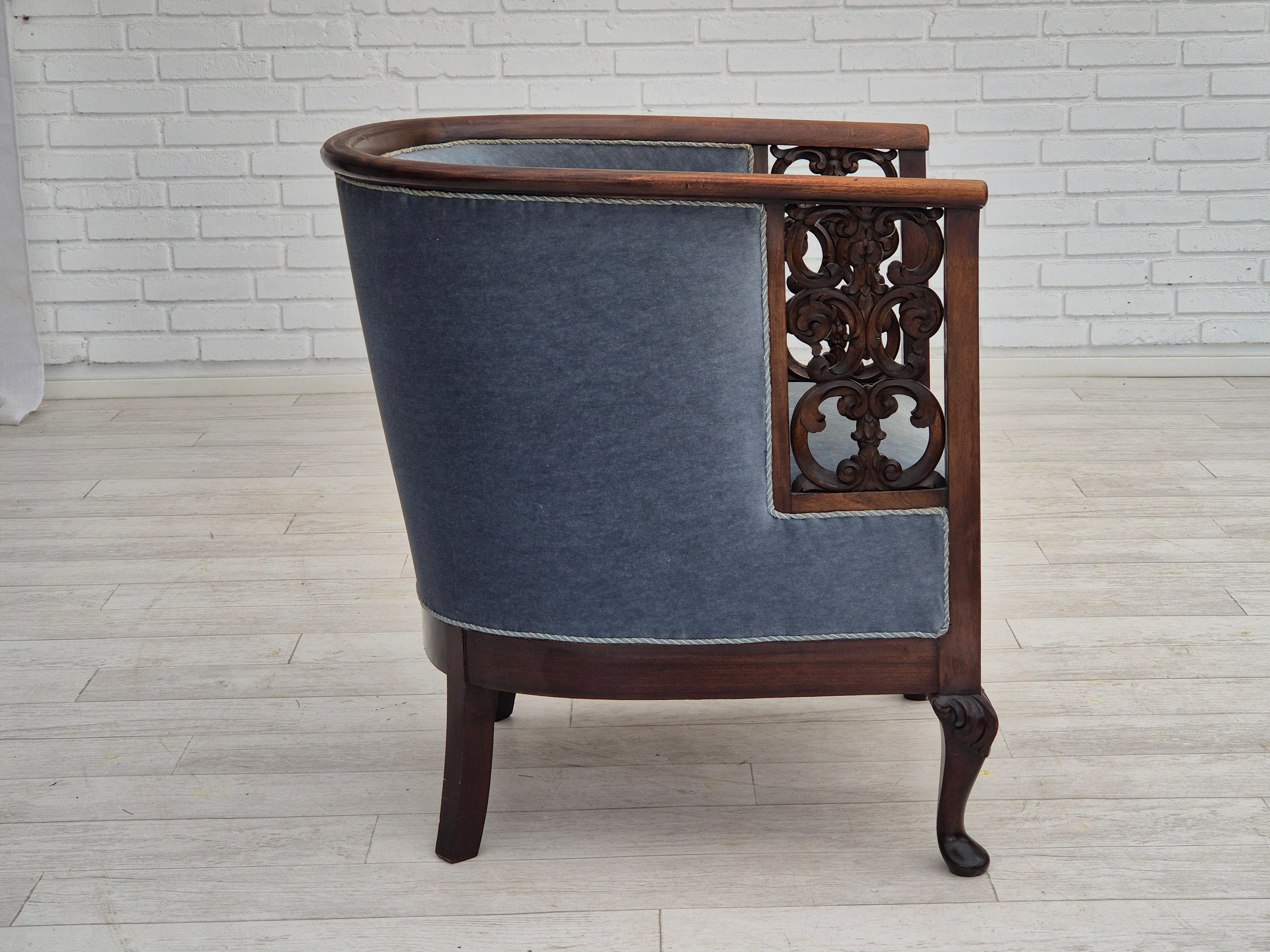 Mid-20th Century 1950s, Danish lounge chair, original condition, light blue furniture velour. For Sale